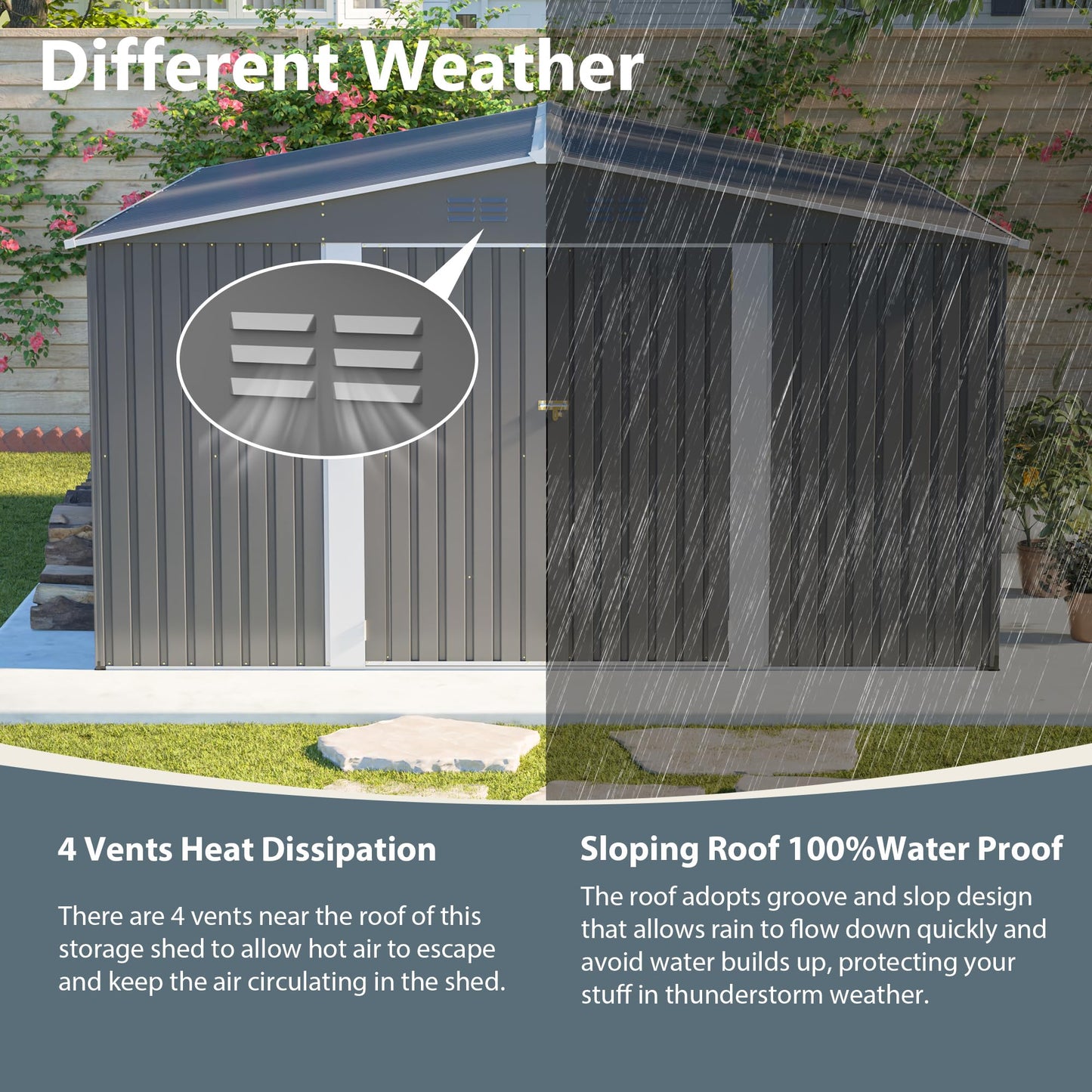 12'x14' Galvanized Steel Outdoor Storage Shed with Built-in Raised Metal Floor, Lockable Double French Hinged Doors & 4 Top Air Vents, Extra Large Garden Tool Shed, Gray