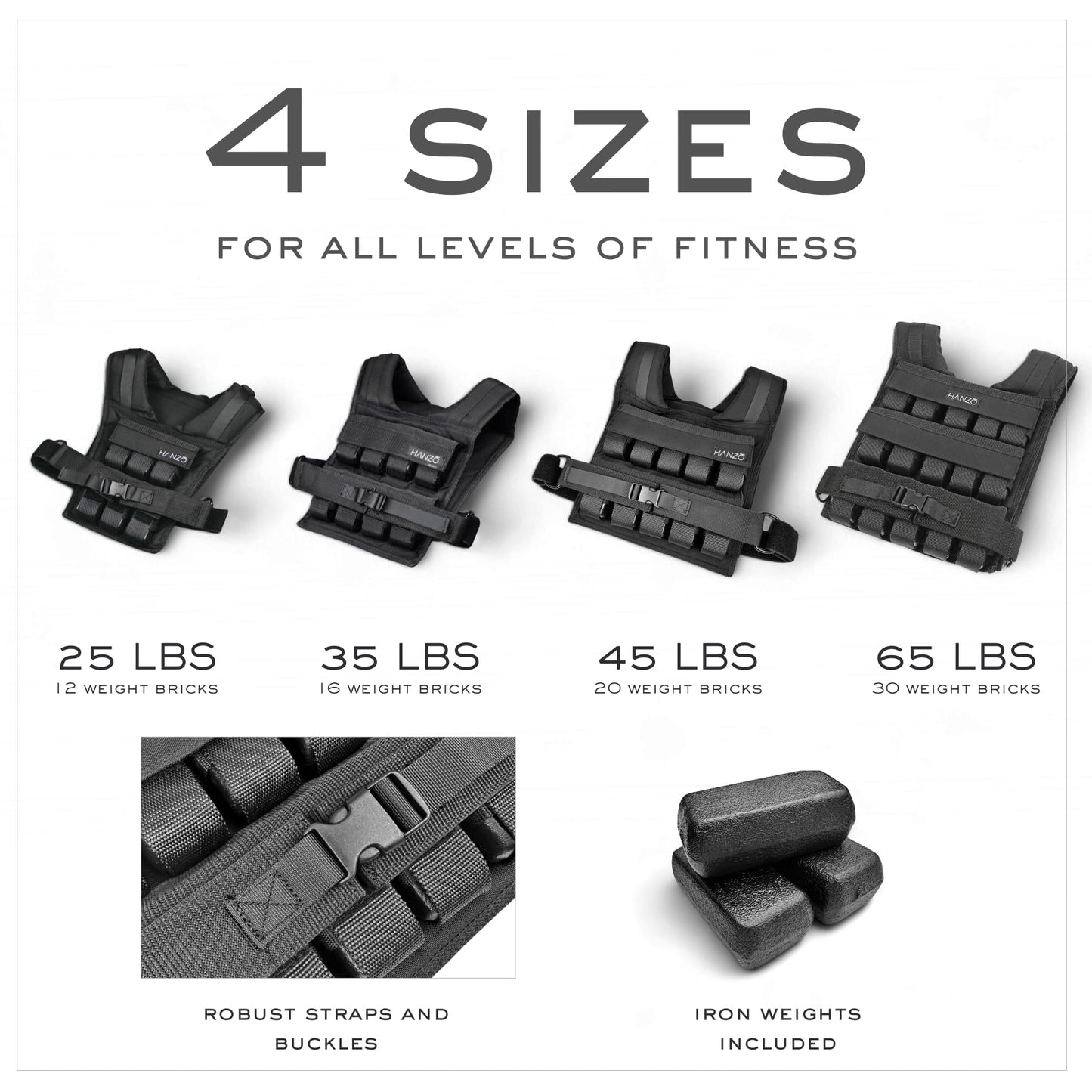 HANZO Weighted Vest for Men & Women 25lbs | 35lbs | 45lbs | 65lbs | Weight Vest With Removable Iron Weights, Adjustable Heavy Duty Weighted Workout Vest for Calisthenics & Fitness Training