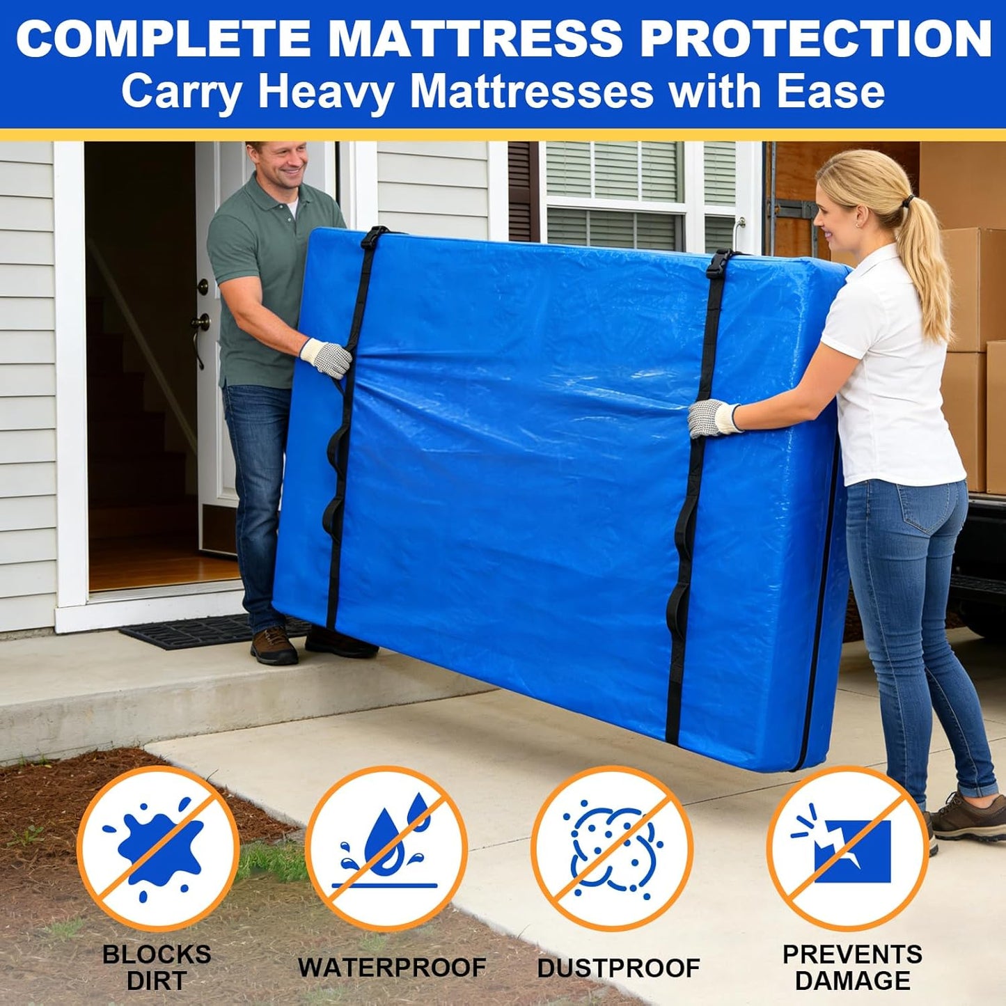 TICONN King Mattress Bag - Heavy Duty Storage Cover with Full-Around Handle & Adjustable Buckles | Blue