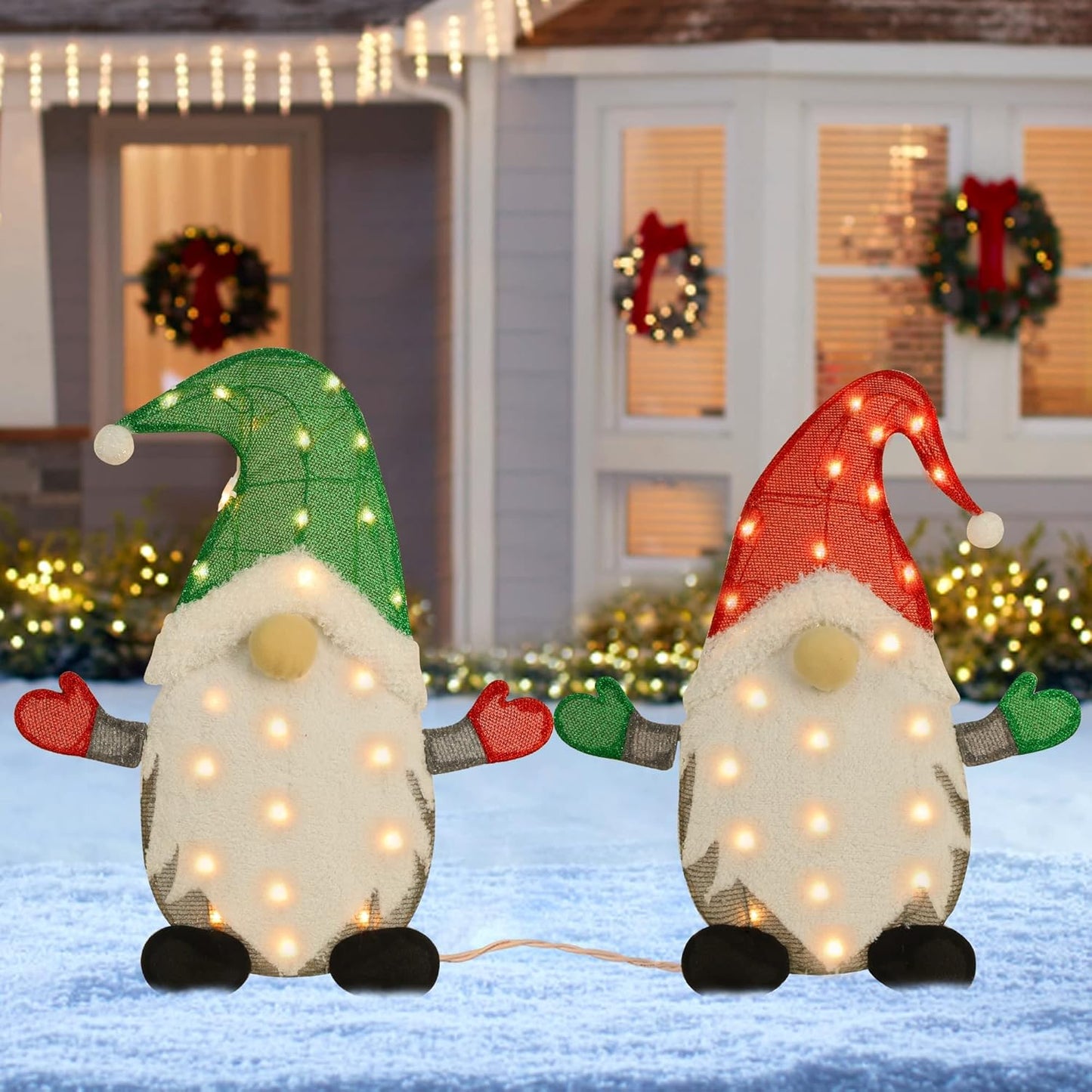 Waterglide Lighted Christmas Tinsel Gnomes - 24 Inch Pre-Lit 2D Stacked Gnome Decorations for Indoor/Outdoor Holiday Decor