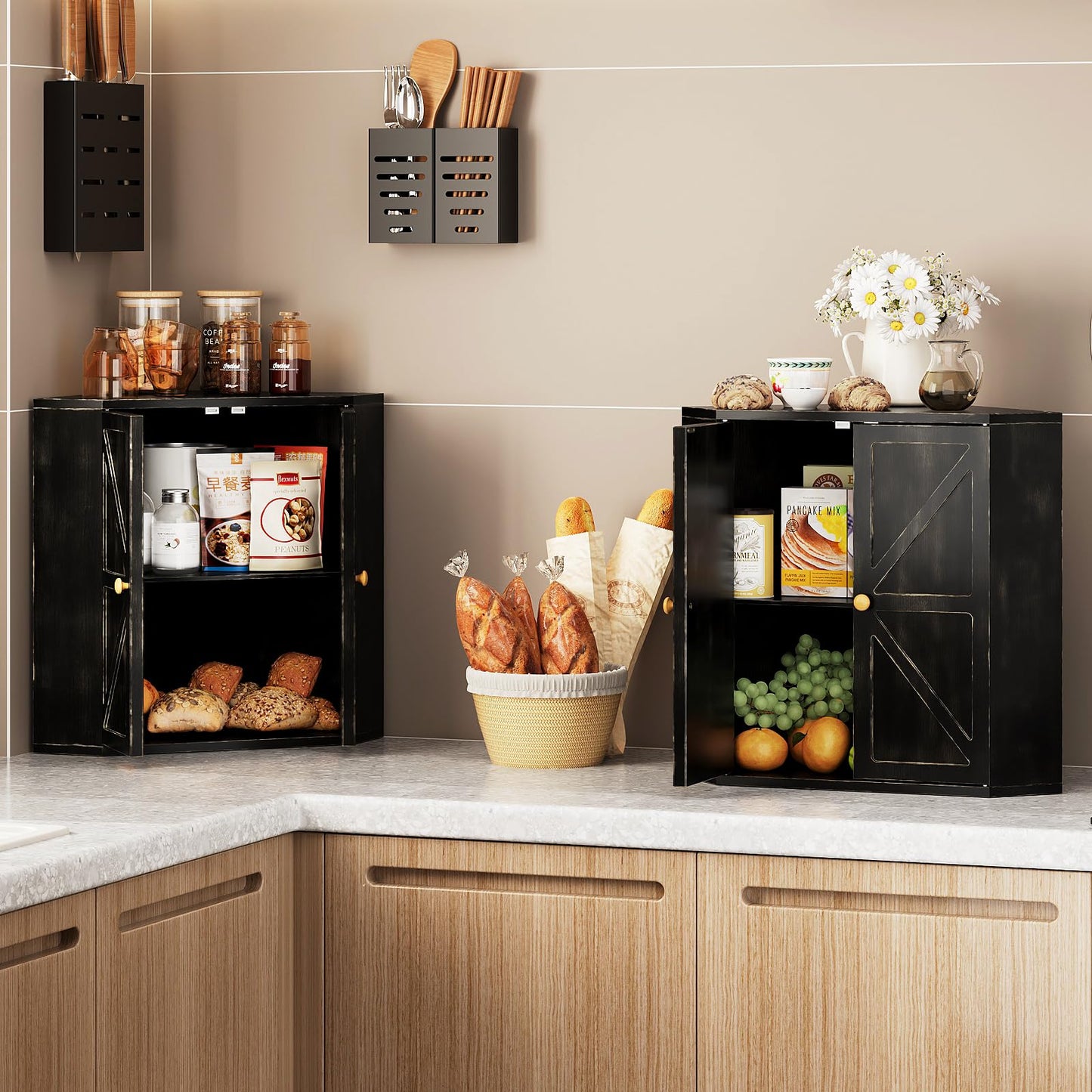 Trironsun Corner Bread Box for Kitchen Counter Double Layer Bamboo Bread Storage Container Large Capacity Bread Storage Bin Farmhouse Breadbox Organizer (Antique Black)