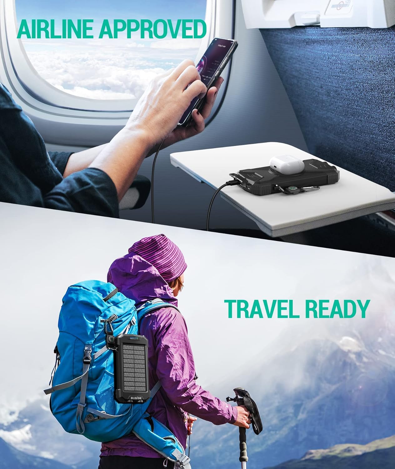 BLAVOR 10,000mAh, 20W Pack Solar Power Bank Portable Wireless Charger, Fast Charging External Battery with USB C