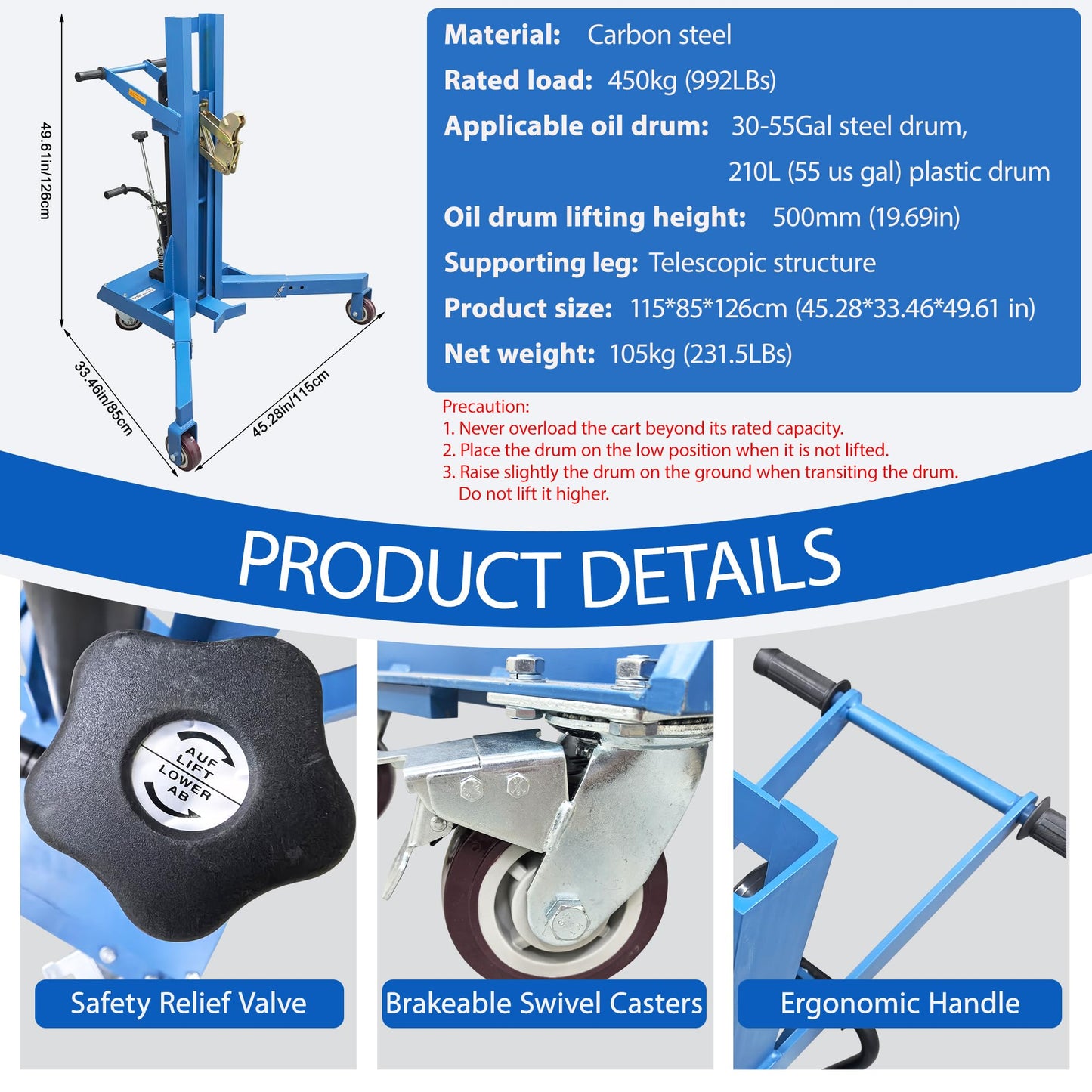 HayWHNKN Manual Hydraulic Drum Handler, Drum Lift Truck with Extendable Legs for 30-55 Gal Steel/Plastic Barrels, 450kg Capacity, 19.69" Lift Height, Easy Clamp Eagle Beak, for Factories & Warehouse