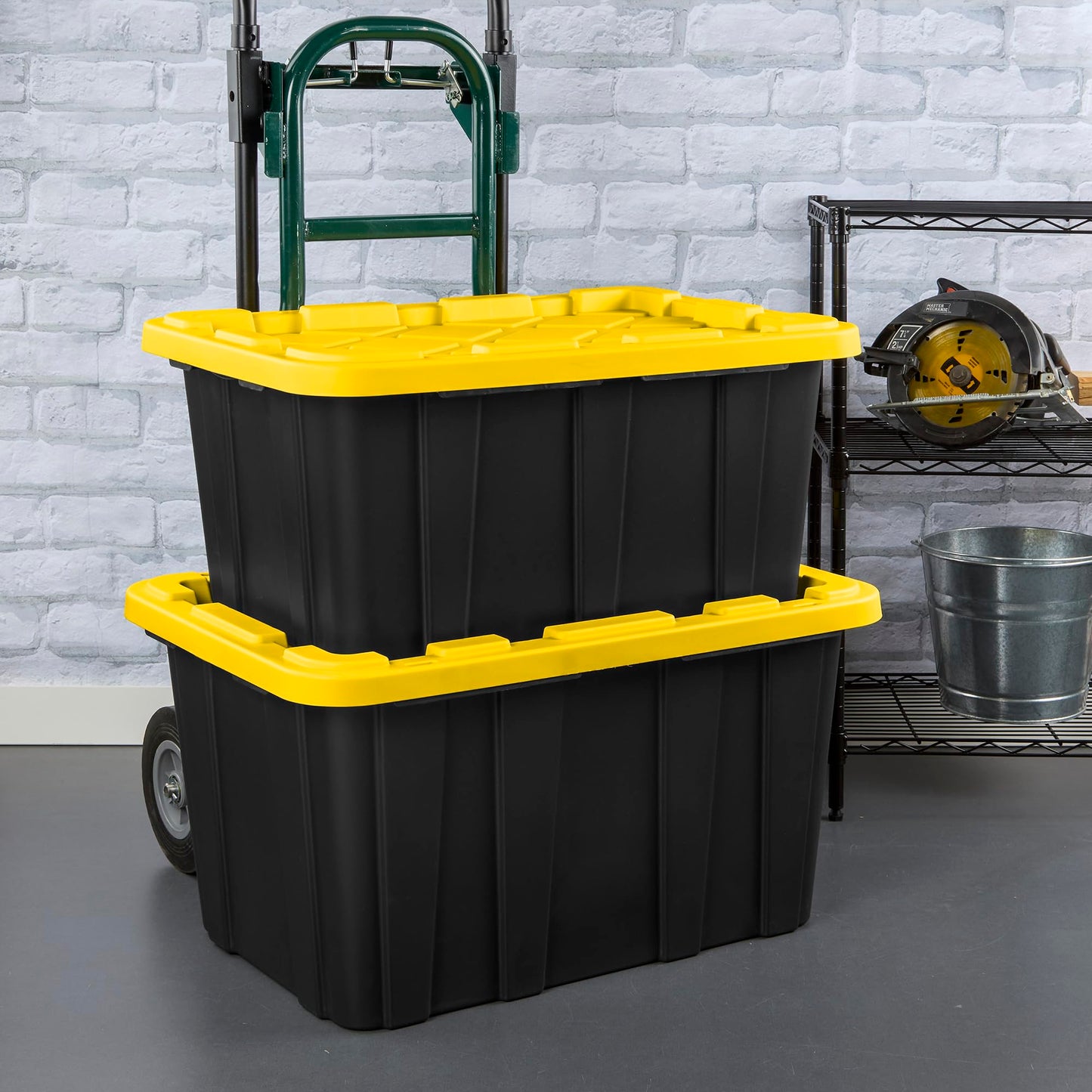 Sterilite 17 Gal Industrial Tote, Stackable Storage Bin with Snap-Fit Lid for Garage, Basement & Attic Storage, Black Base and Yellow Lily Lid, 6-Pack