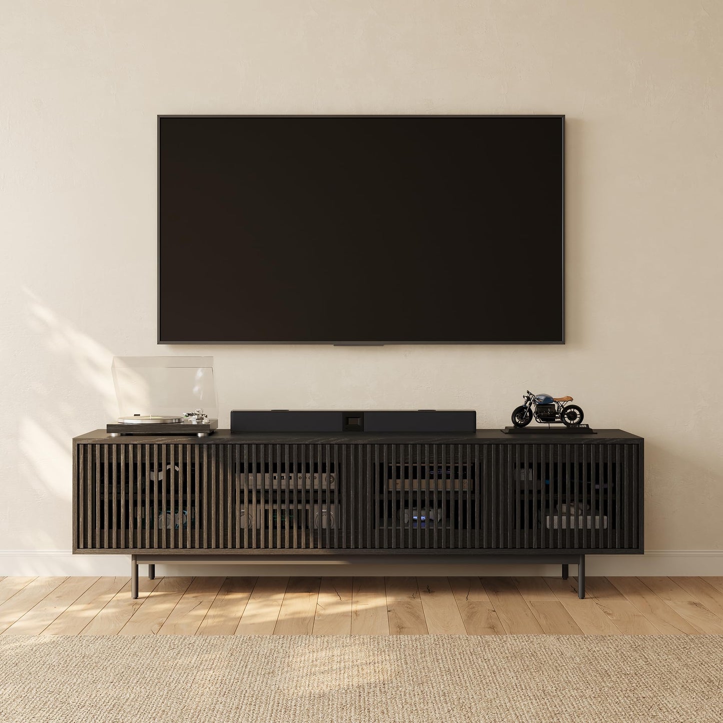 POVISON Mid-Century Modern TV Stand with Slatted Doors, Fully Assembled 78.74" Wood Media Console, TV Console with Tall-cast Metal Legs, Entertainment Center with Storage for Living Room