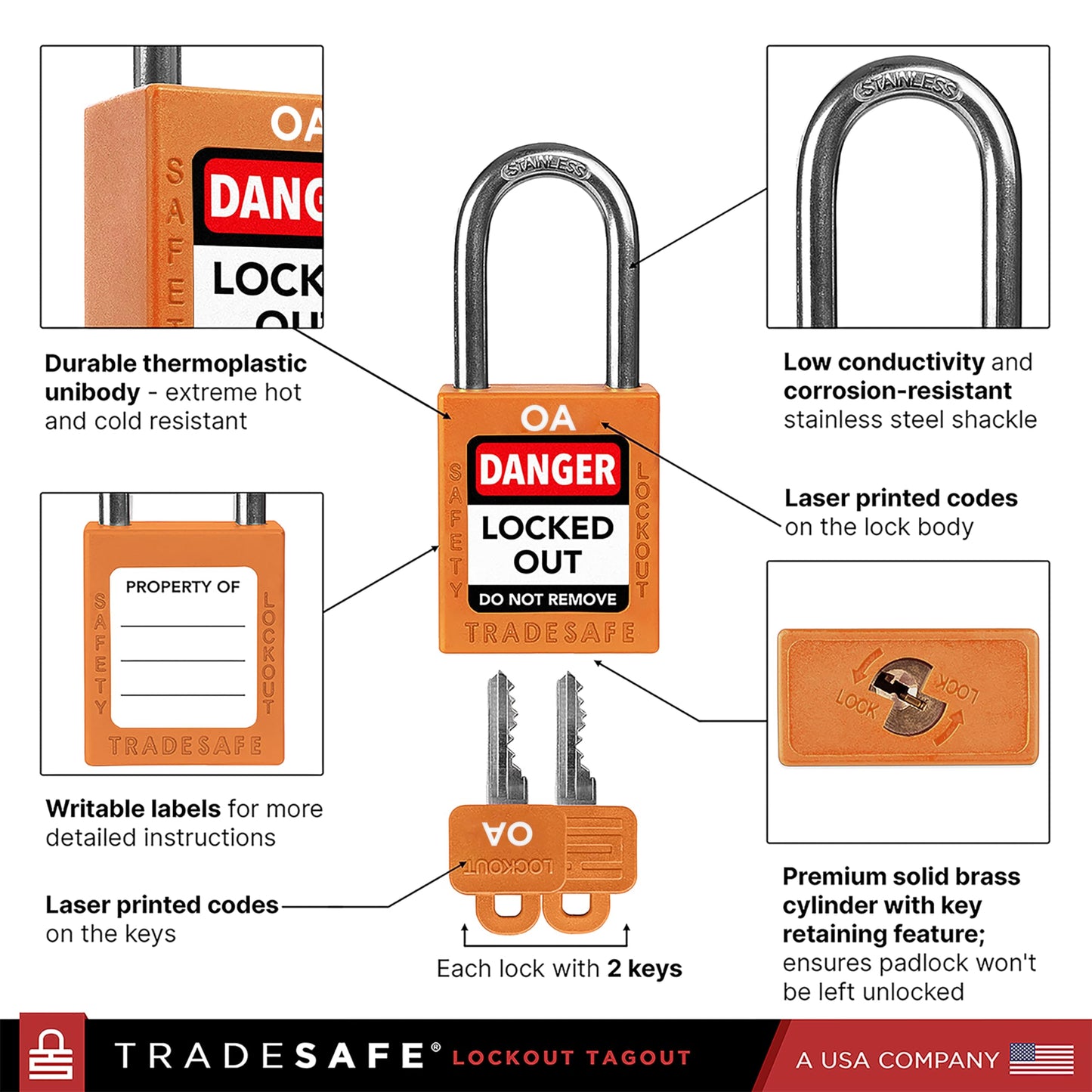 TRADESAFE Lockout Tagout Locks Set, 10 Orange Keyed Alike Unlimited Grouping Safety Padlocks, 2 Keys Per Lock, OSHA Compliant Loto Locks for Lock Out Tag Out Kits