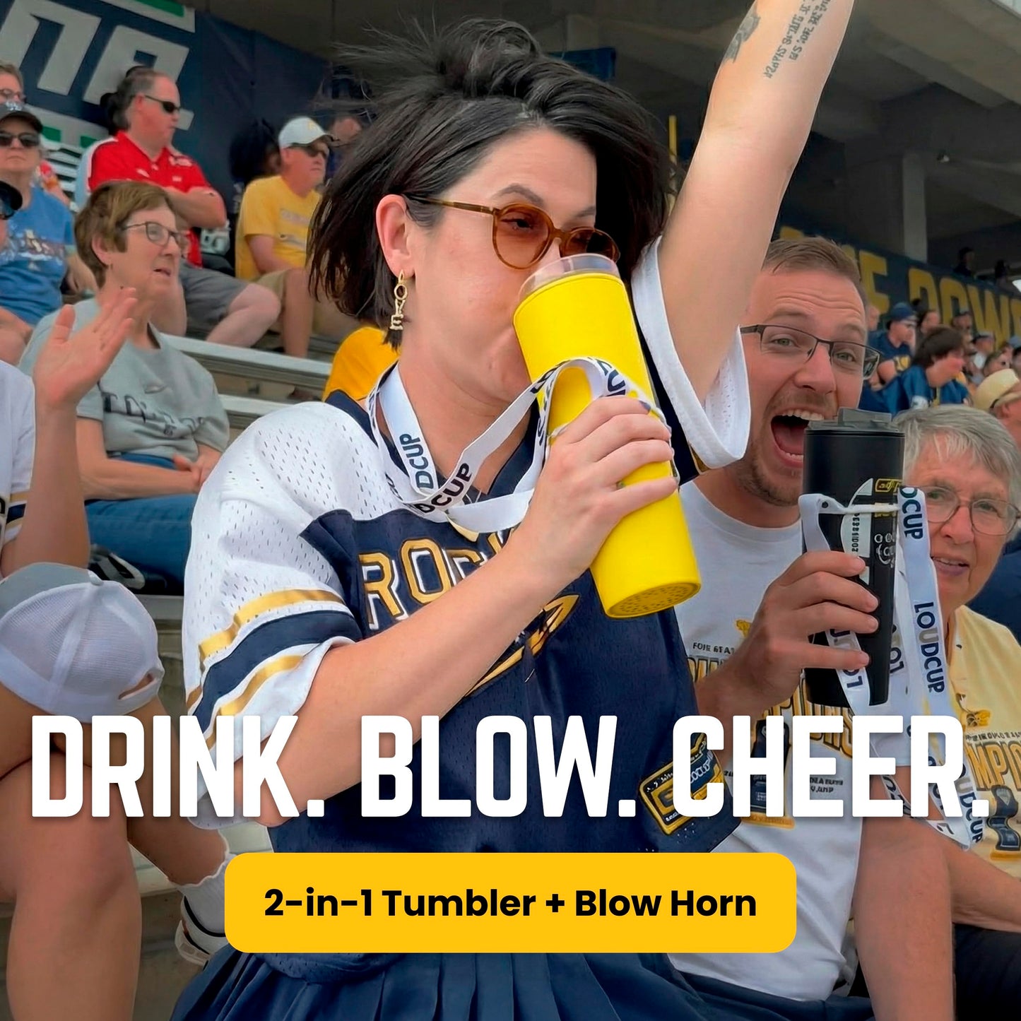 The LoudCup Blow Horn Tumbler, Cheer & Sip 2-in-1 Reusable Water Bottle with Built-In Horn for Sports Games, Tailgates, Parties & Events, BPA-Free, 23 oz, Jet Black