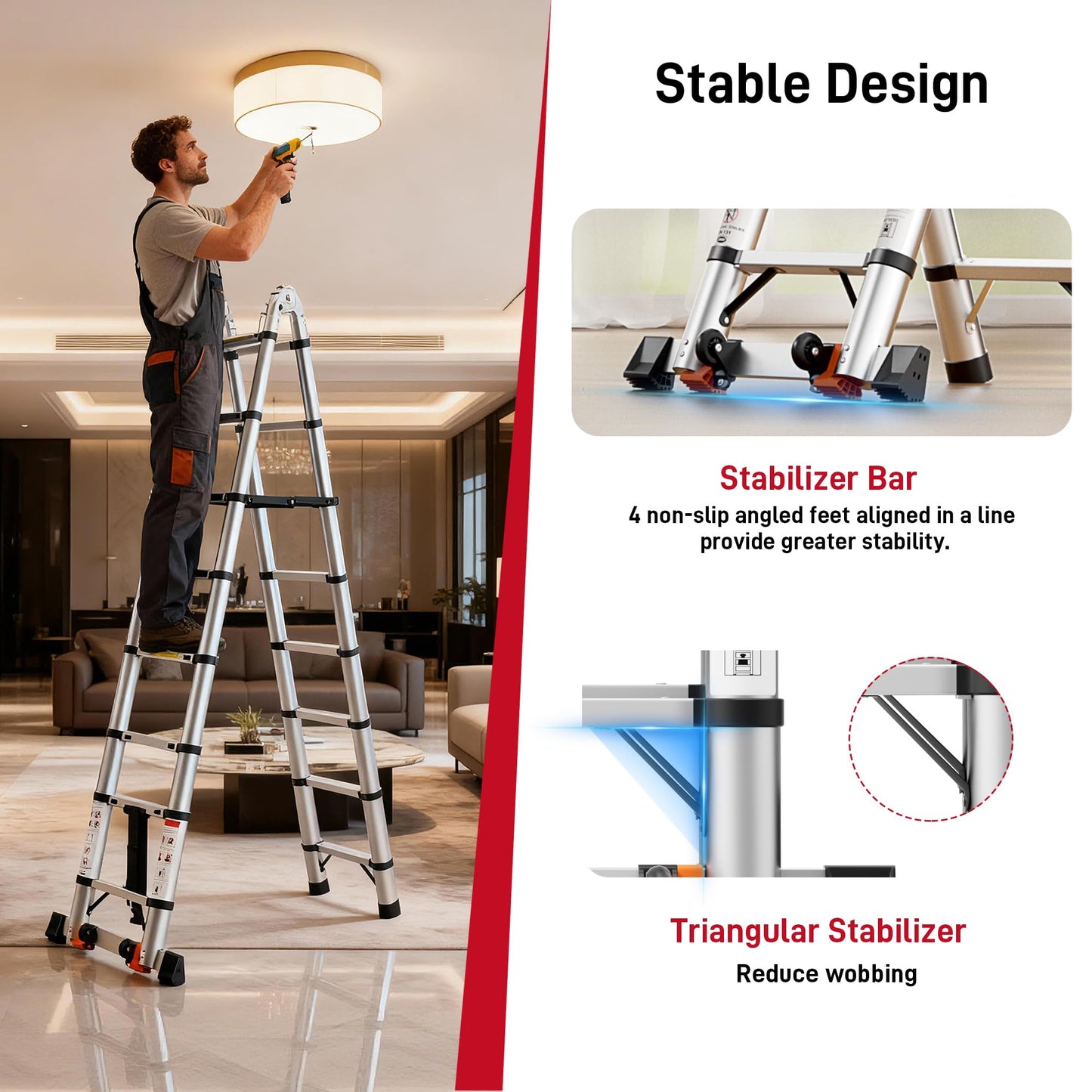 SEEKNEW 16.5 FT Telescoping Ladder, A Frame, Aluminum Extension Ladder, 330 lbs Capacity with Triangular Stabilizers, Portable Collapsible Ladder for Home, Roof and RV; Silver