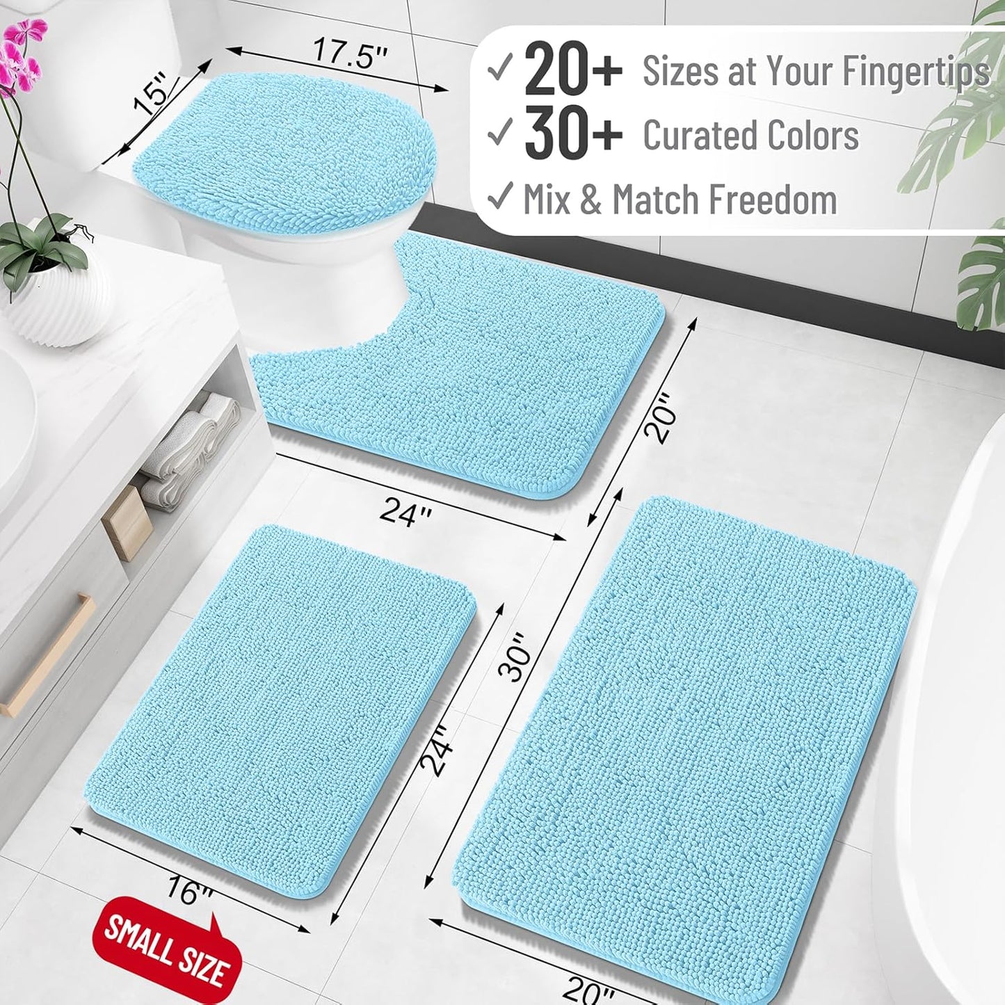 OLANLY Bath Rugs - Extra Soft Chenille, Quick Dry & Absorbent | 24x16 Sky Blue Machine Washable Mats