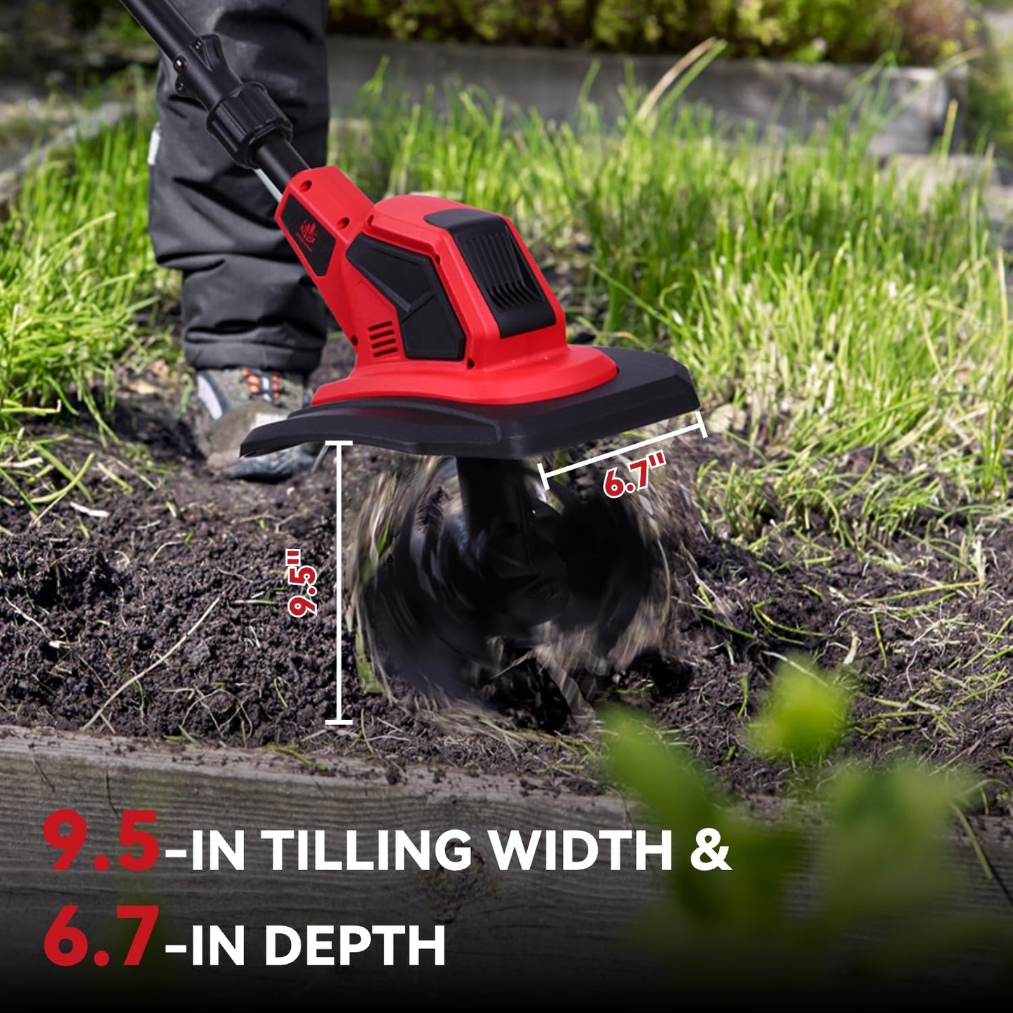 Cordless Tiller Cultivator, 360RPM Electric Garden Tiller with 2×3.0AH Batteries & 1.5A Fast Charger, Battery Powered Garden Cultivator, 9.5In Tilling Width & 6.7In Depth Garden Rototiller