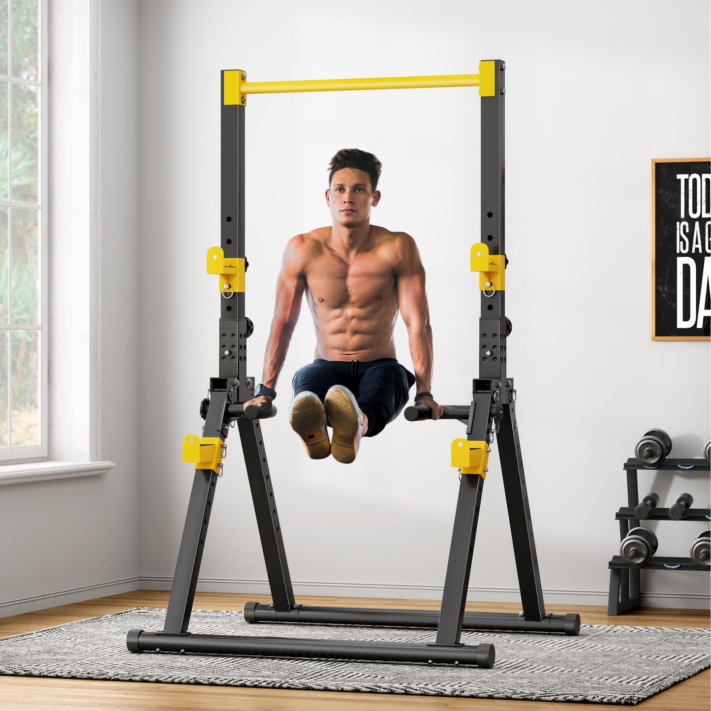 soges Foldable Power Tower, Pull Up Dip Station for Home Gym, 500 LBS Capacity Power Tower with Triangular Design, Adjustable Height Pull Up Bar for Full Body Workout (Yellow)