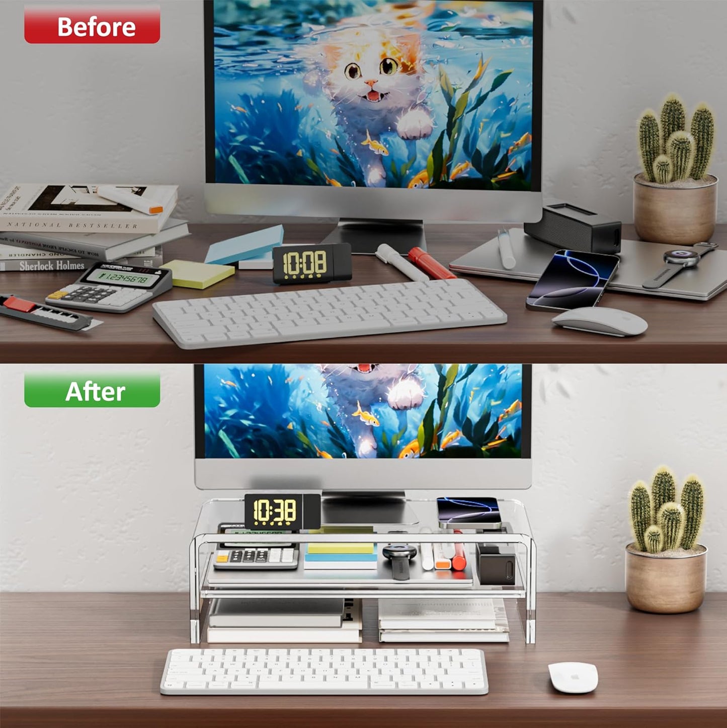 2 5.12 Inches Egchi Clear Acrylic Monitor Stand Riser Tier, High Clear Computer Desk Organizer Shelf for Multi Media PC
