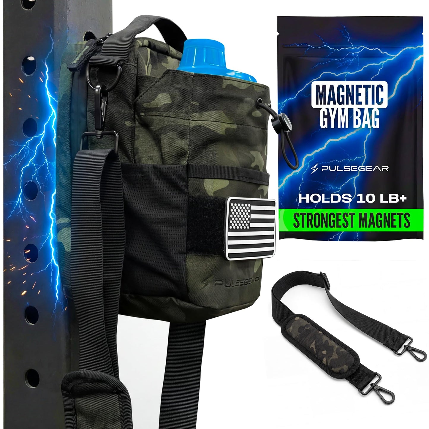 Magnetic Water Bottle Holder for Gym — 10 LB Holding Magnetic Gym Bag, Tactical Magnetic Pouch for Keys, Phone & Water Bottles up to 40oz — Crossbody Sling Bag, Gift for Gym Lover (Black & White)