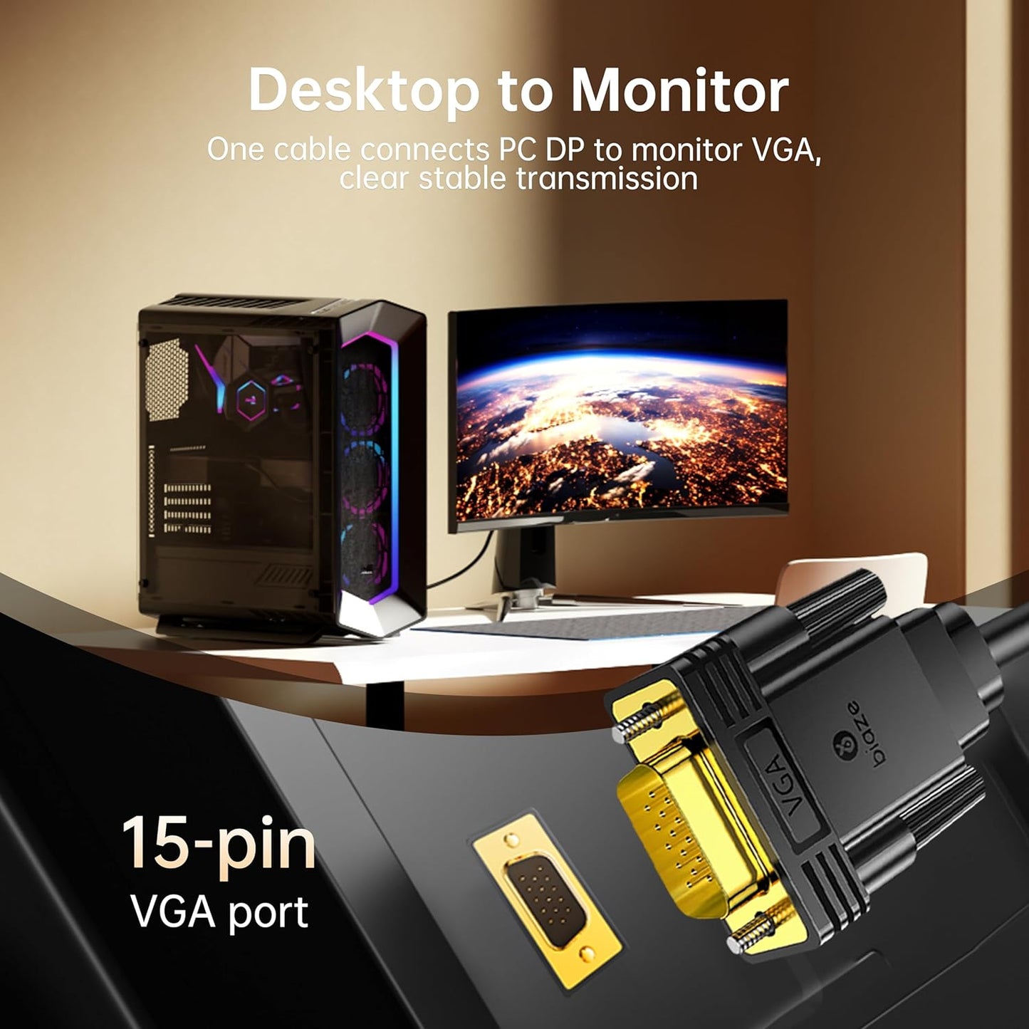 biaze 6ft, 1.8m 1080P DisplayPort to VGA Cable DP to VGA Male-to-Male Adapter, HD Video Converter Cord for Laptop, PC