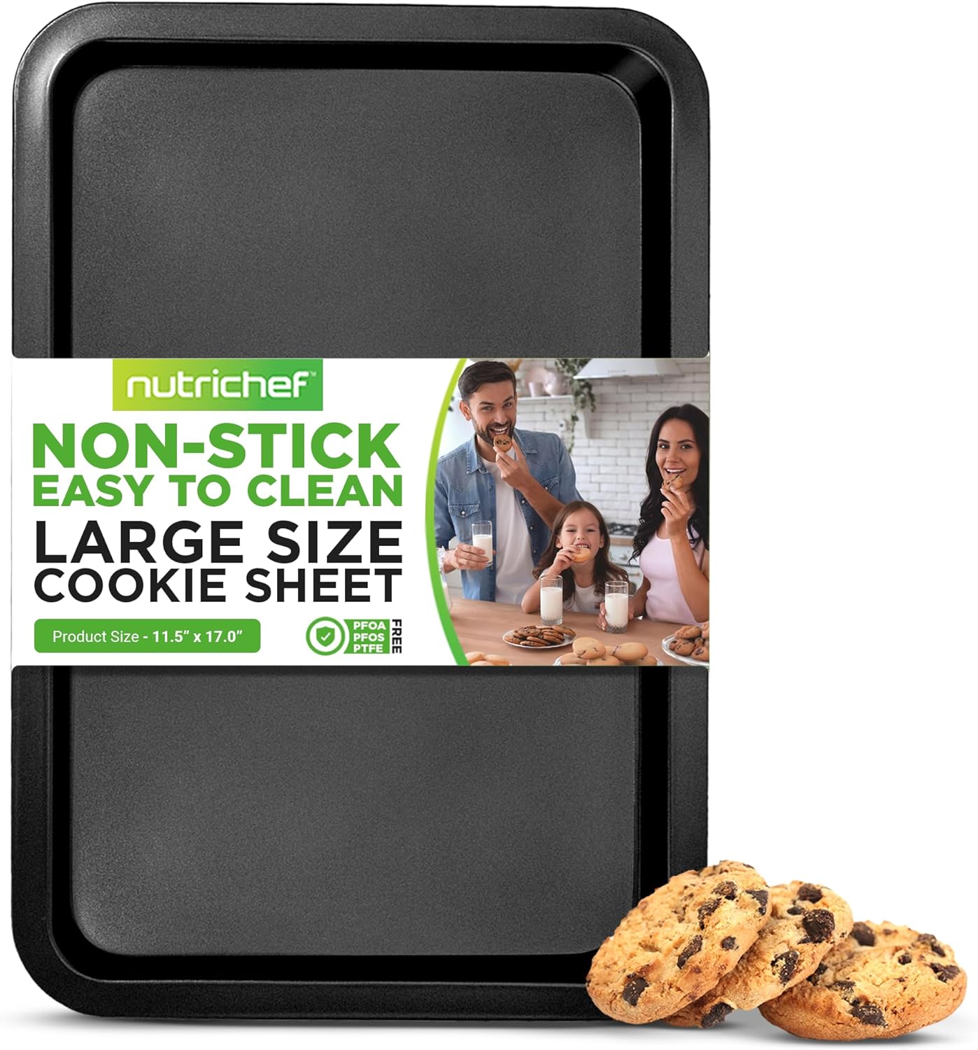 Nutrichef Large Cookie Sheet - Nonstick Gray Silicone Coating | Easy Clean & Durable 17" x 11.5" Oven Pan