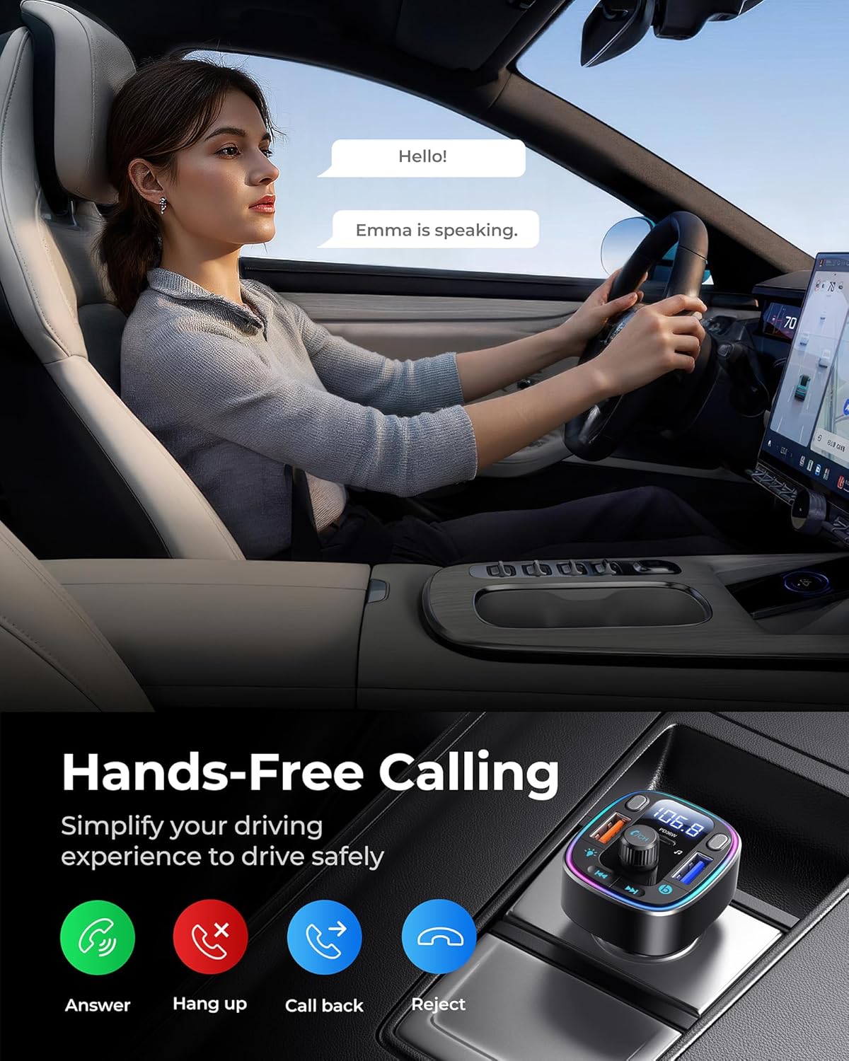 LENCENT 5.4 54W 2 Bluetooth Car Adapter FM Transmitter Fast Charging, Dual Mics, HiFi Bass Sound, Modes LED Backlit