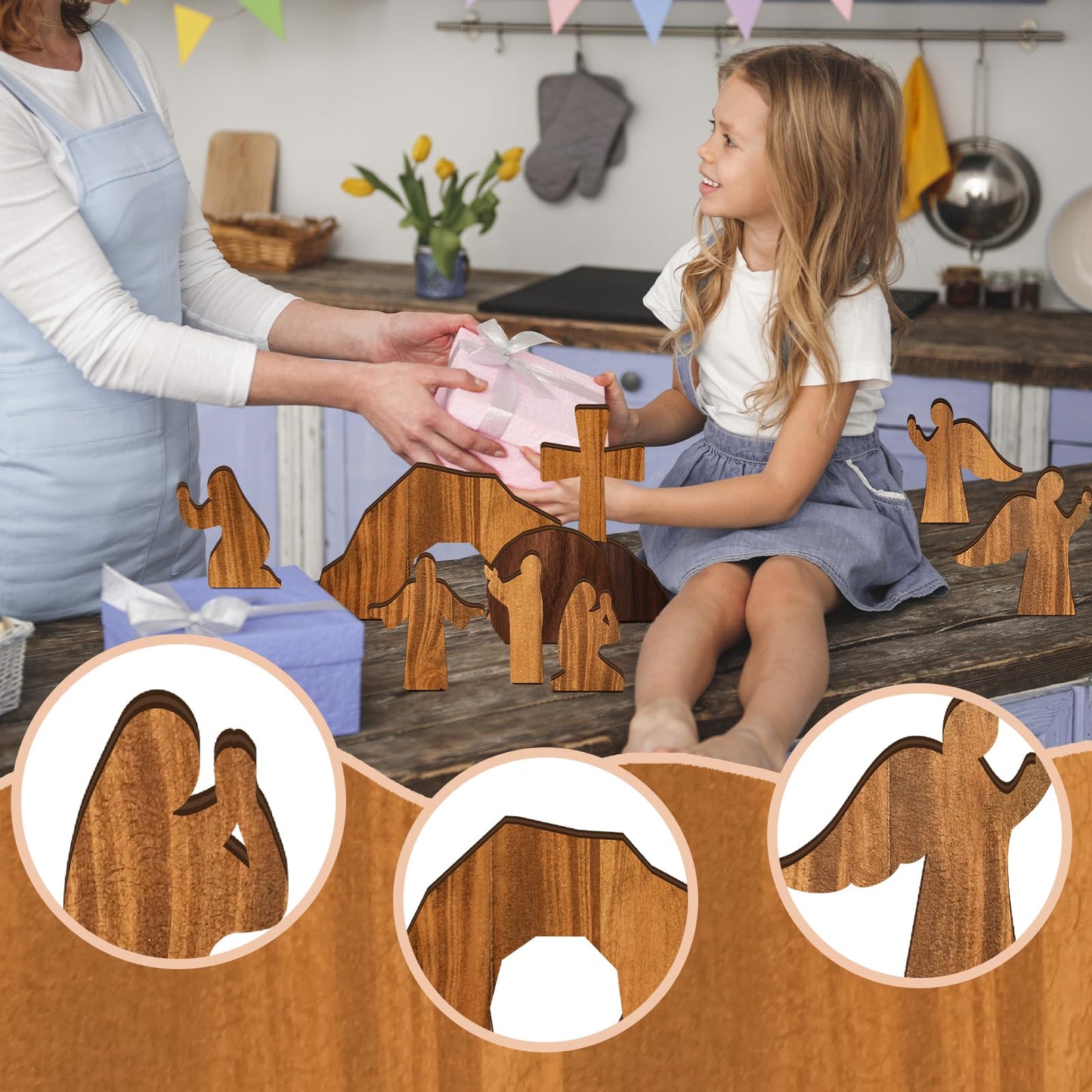 Wesiti 8 Pcs Easter Resurrection Scene Set Empty Tomb Easter Christian Cross Decorations Scene Wooden Decor Jesus Tray Set Tray with Nativity for Home Decoration Collectible Figurines