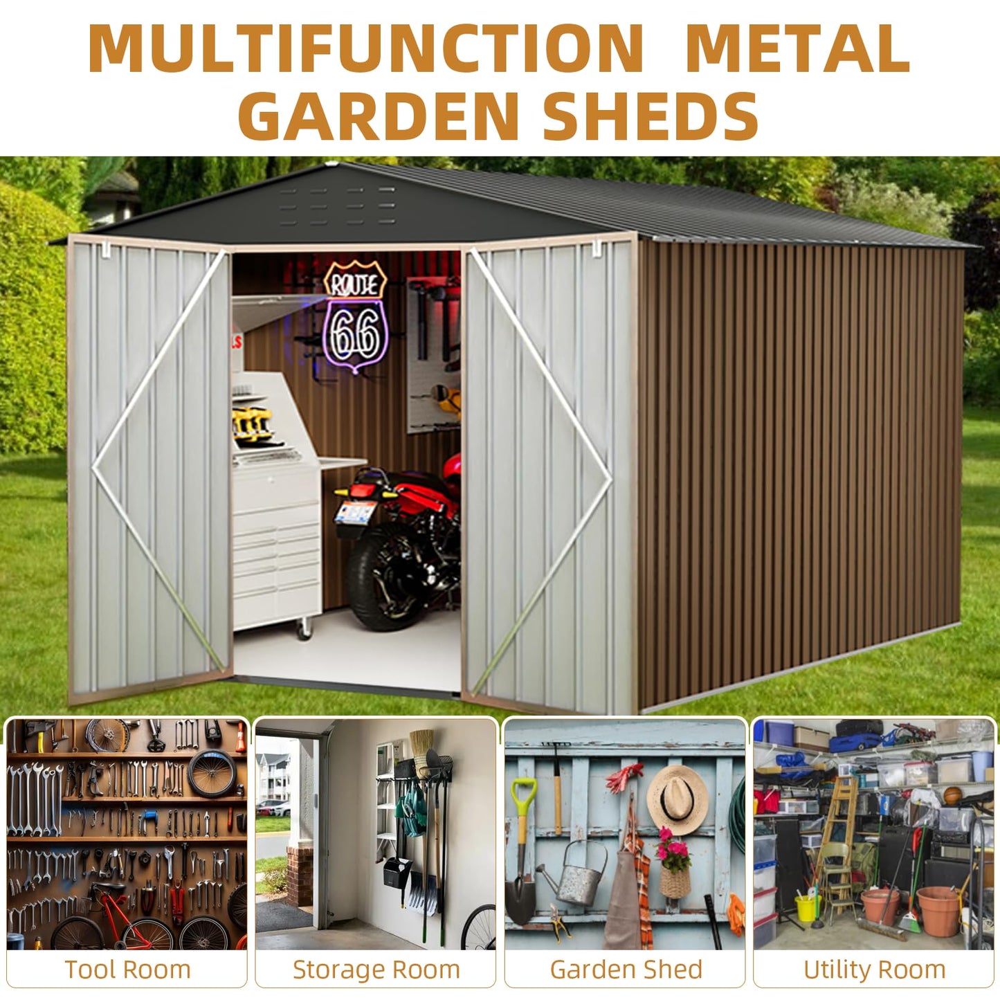 8X12FT Outdoor Metal Storage Shed, Lockable Weatherproof Garden Shed for Tools & Equipment, Durable Galvanized Steel with Sloping Roof & Ventilation, Ideal for Backyard, Patio & Garage Storage, Brown