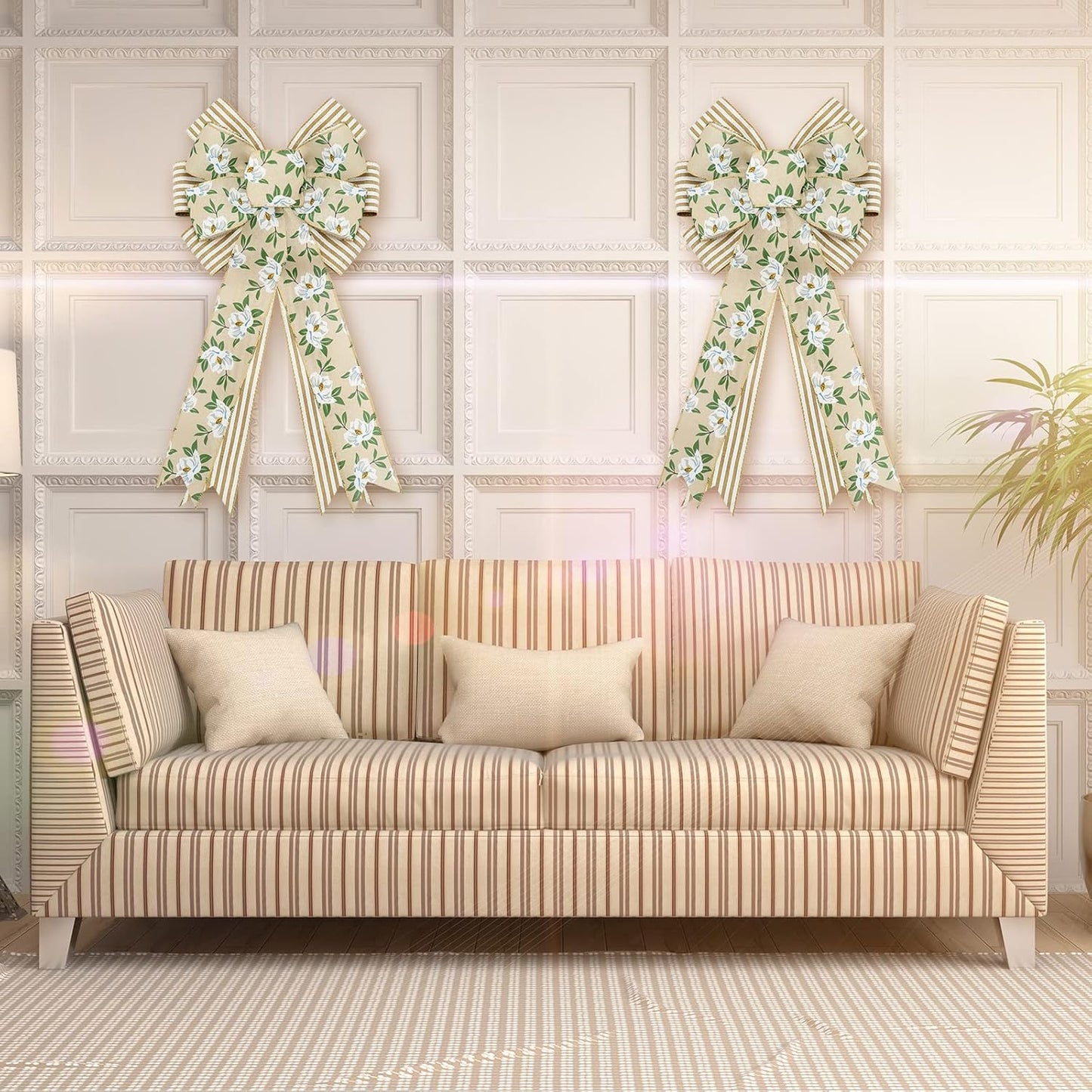 Whaline Spring Magnolia Wreath - Rustic Wired Edge Bow | Large 11 x 21 Inch Floral Decor for Home & Parties