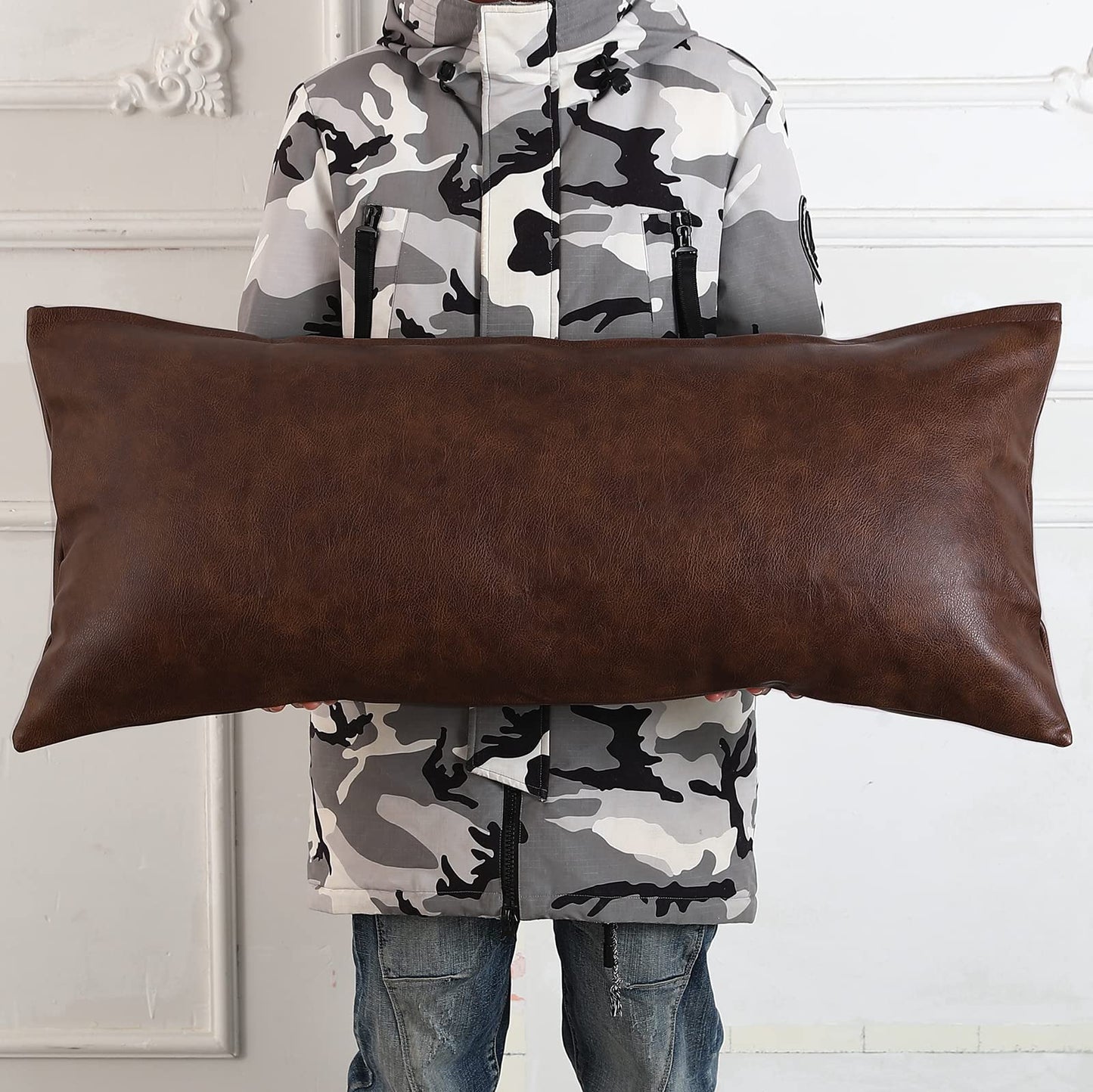 PANOD Decorative Lumbar Throw Pillow Covers 14 x 36,Premium Faux Leather Long Pillow Covers Cushion Case for Farmhouse Sofa Couch Bed Livingroom,Modern Boho,Vegan Dark Brown