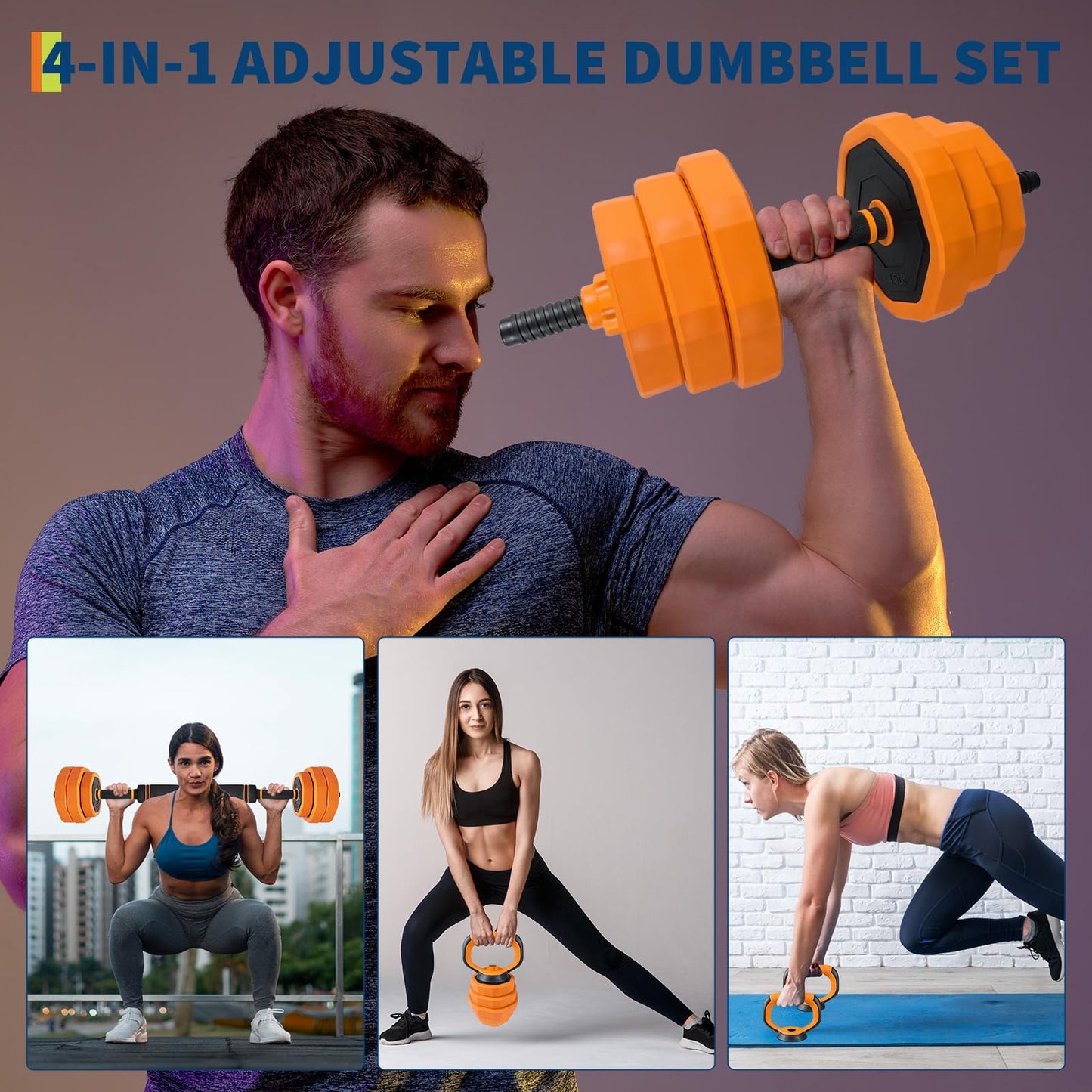 Adjustable Dumbbell Set, 88 LBS 4-In-1 Home Gym Weights with Connector As Dumbbell, Kettlebell,Barbell for Strength Training, Full Body Workout