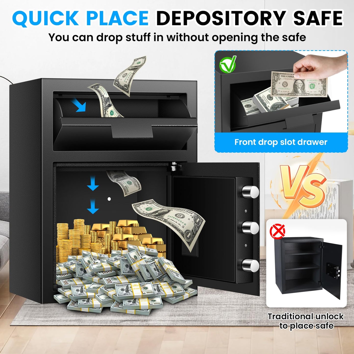 2.6 Cub Drop Safe for Business, Quick Place Safe with Drop Slot, Digital Backlit Combination Lock and Backup Key, Alarm & Mute System, Anti-theft Money Deposit Safes for Cash Slip Business Office Home