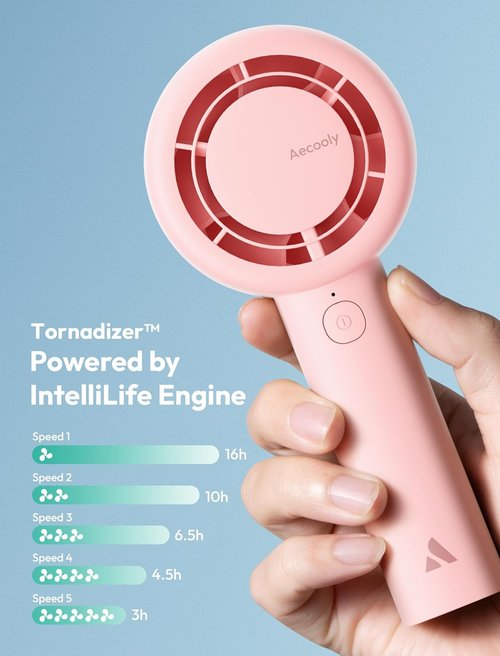 Aecooly Portable Handheld Turbo Fan - USB Rechargeable Mini Cooling Fan | 16H Max Cooling, 5 Speeds, Pink