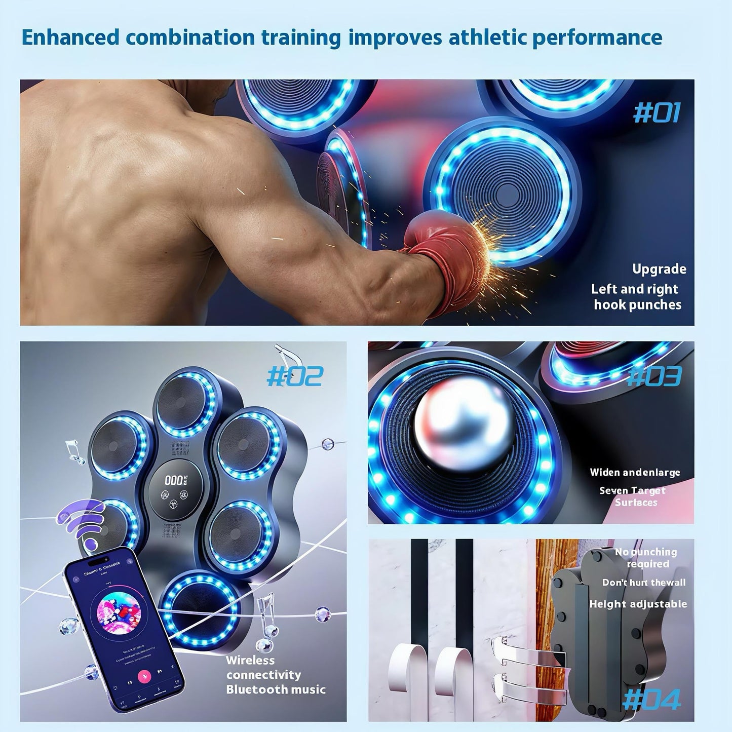Music Boxing Machine with Gloves, Wall Mounted Punching Trainer with LED Light Up Targets, Bluetooth Rhythm Reaction Training Pad, 11 Modes & 9 Speeds for Adults & Kids Home Fitness & Stress Relief