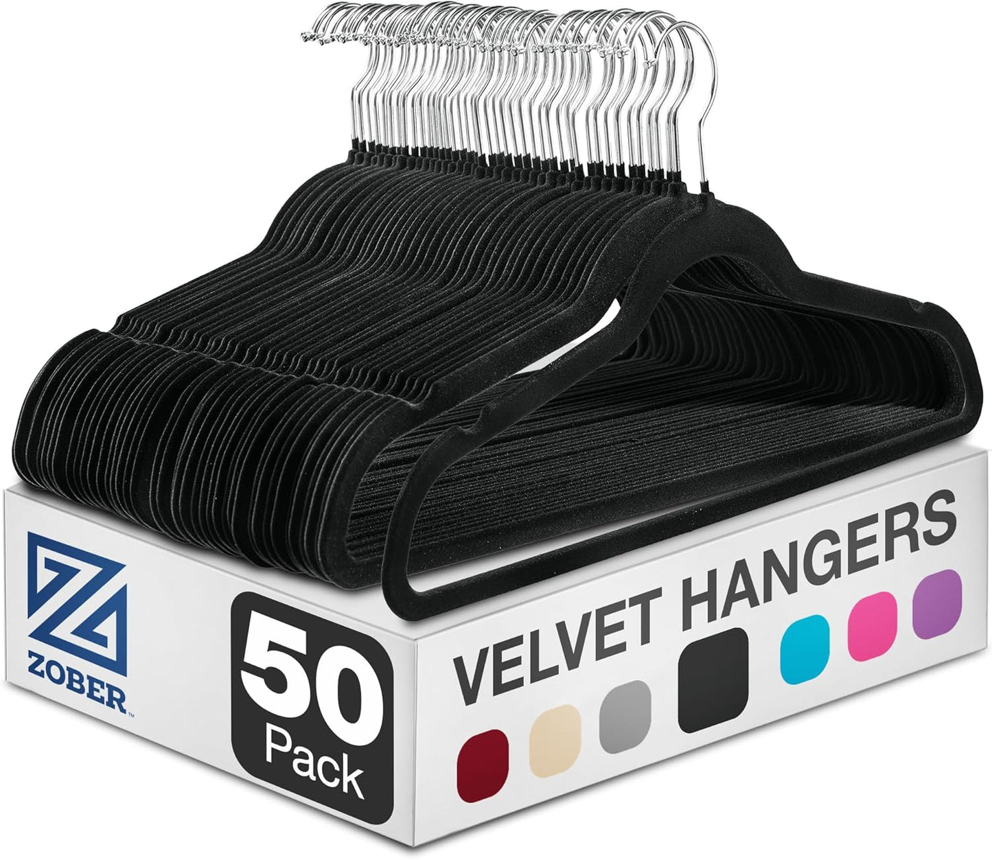 ZOBER Black Velvet Hangers - Non-Slip Clothes Hangers with 360° Swivel | 50 Pack, Holds Up to 10 lbs