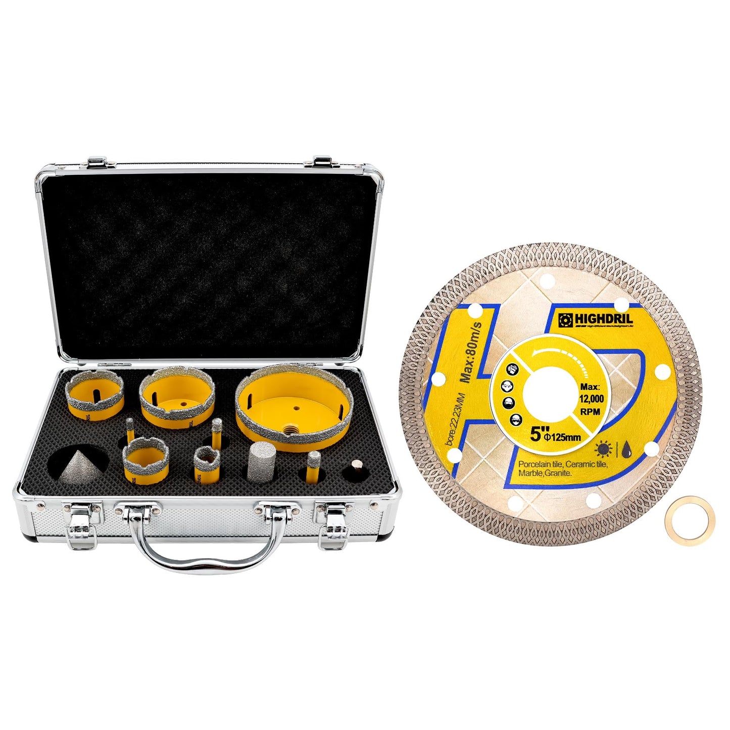 HIGHDRIL Diamond Drill Bits Kit with 5/8-11 and HIGHDRIL Diamond Saw Blade - 5 Inch Diamond Tile Blade Disc