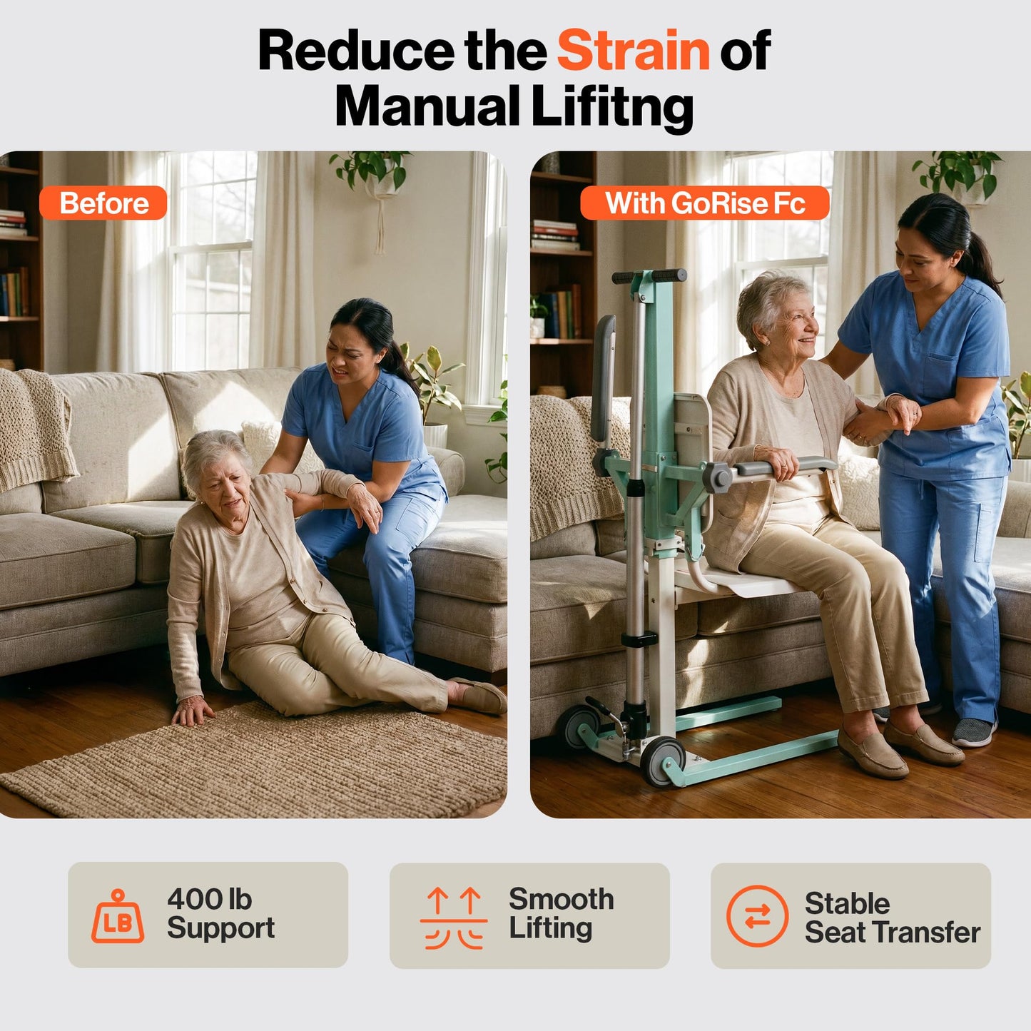 SuperHandy GoRise FC Electric Floor to Chair Lift for Seniors and People with Disabilities - 400 Lbs Capacity, Seating Transfer Assistance, Magnetic Remote [Patent Pending]