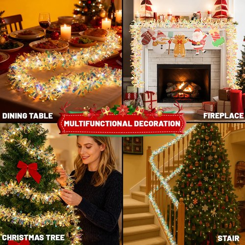 LAWOHO 2 Pack 16.5FT Christmas Tinsel Garland with Lights, Shiny Iridescent Foil Garland for Christmas Tree, Wedding Birthday Party Supplies, New Year Holiday Parties, Indoor Hanging Home Decor