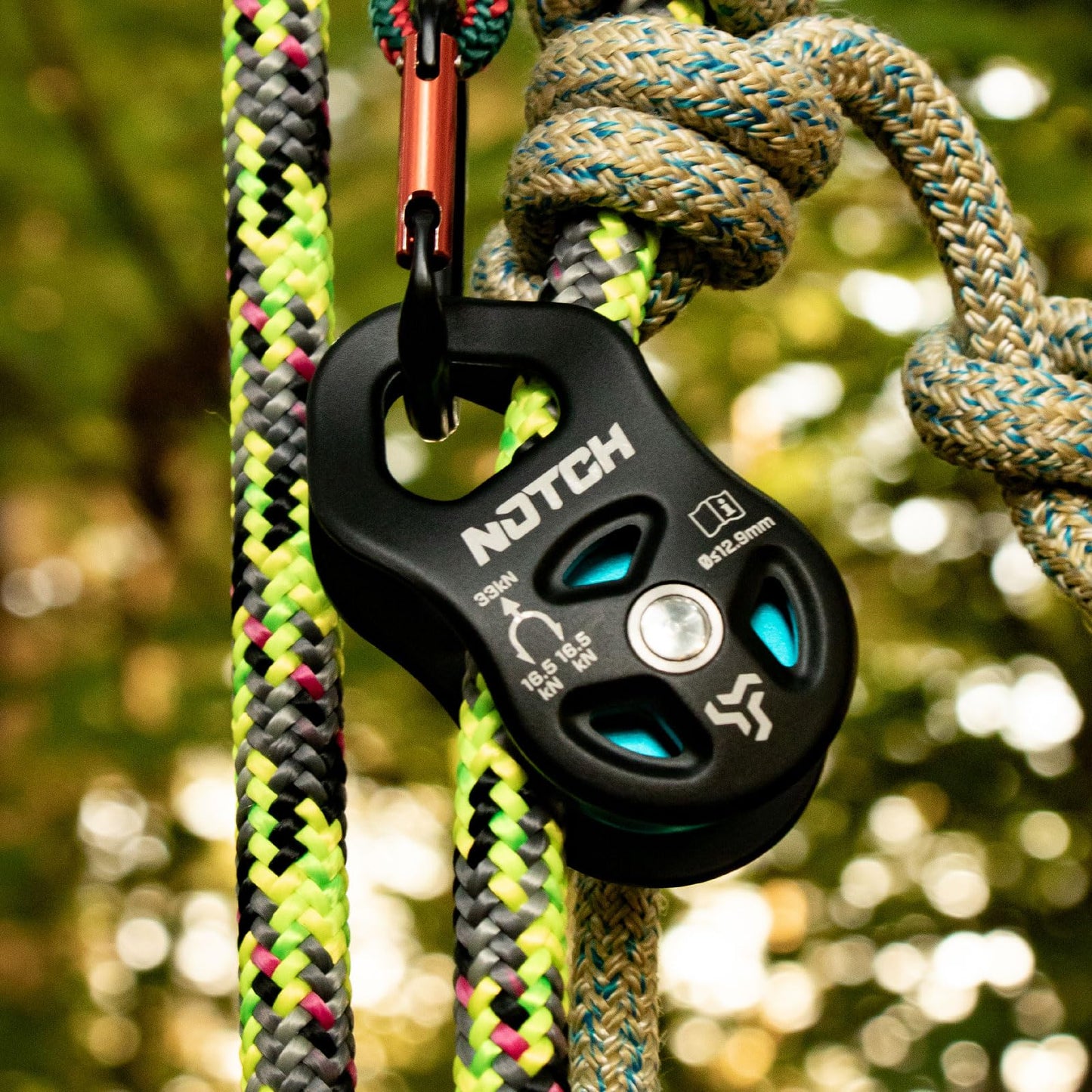 Notch Thirty-Three Micro Pulley with Massive Strength, MBS: 7,418 lbs. (33kN), Purpose-Built for Canopy Use, Mid-line Attachable with Swinging Side Plates, Use with Lines up to 1/2” (12.9mm) (100053)