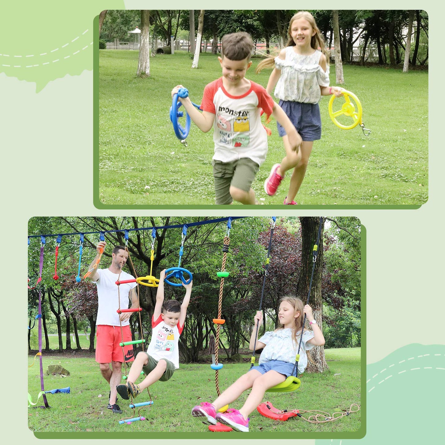 Craft Ninja Warrior Obstacle Course Accessories Kids Outdoor Play - 7pc Rings, 2pc Swing Trapeze Wheels & 2pc Monkey Bars