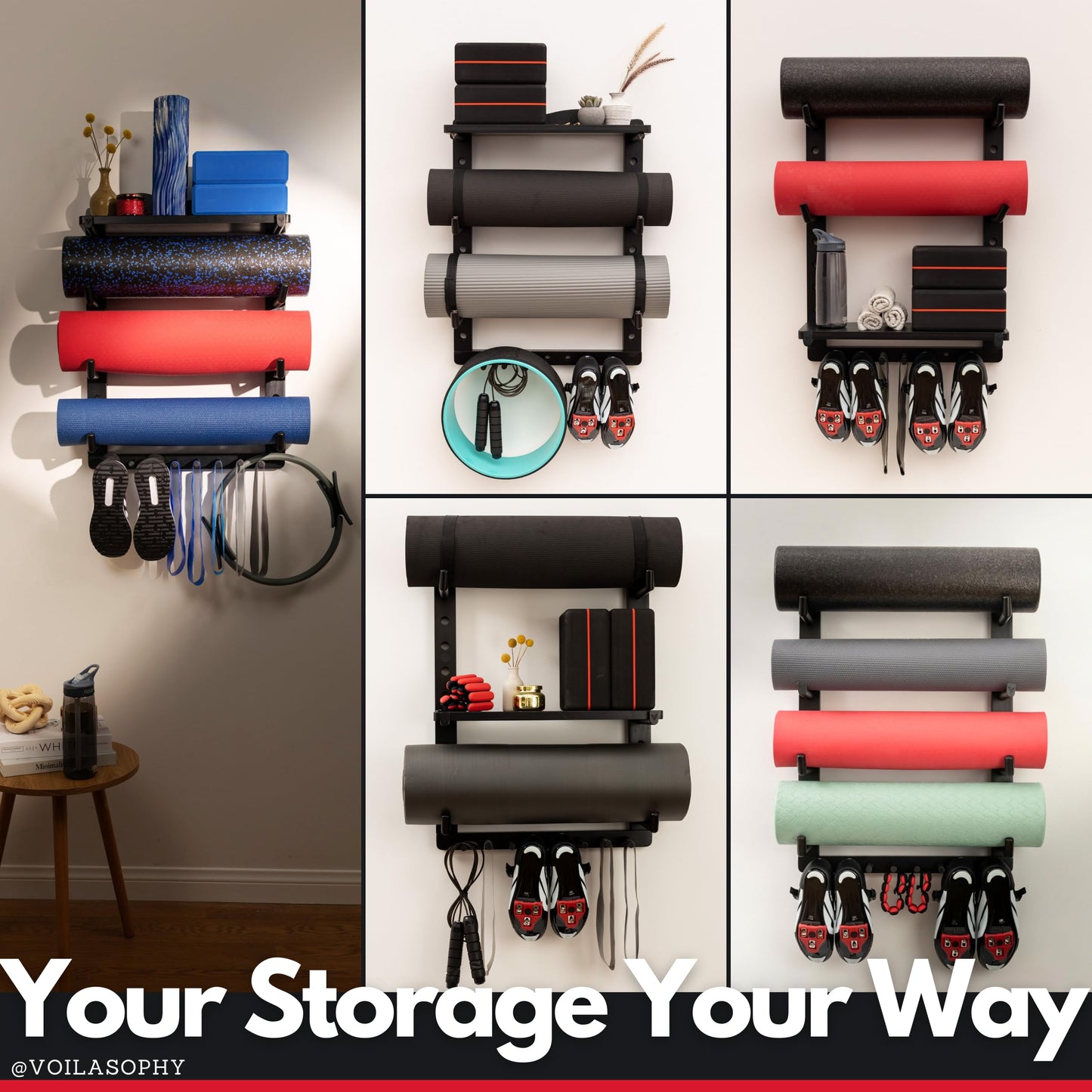 Yoga Mat Holder Wall Mount Home Gym Storage Organizer - Fully Adjustable, All Wood, Crafted Yoga Mat Rack Gym Shelf for Workout Equipment Storage. Unique Yoga Gift for Wall Yoga Storage, Plant a Tree!