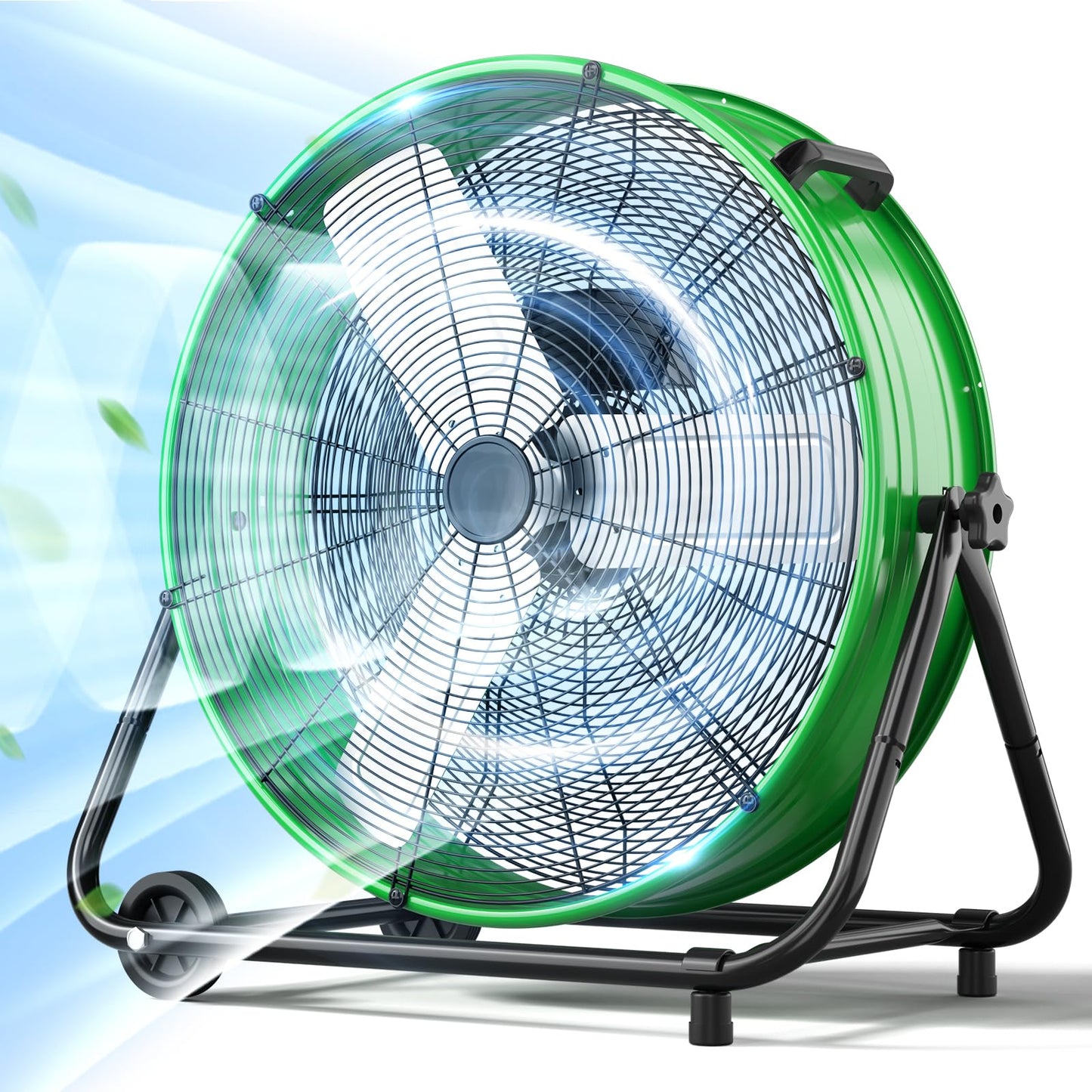 LifePlus 24 Inch Industrial Drum Fan High Velocity Floor Shop Fan 3 Speed, Heavy Duty Metal Air Circulator with Adjustable Tilt & Large Wheel for Warehouse, Garage, Factory, Patio, Barn, Green