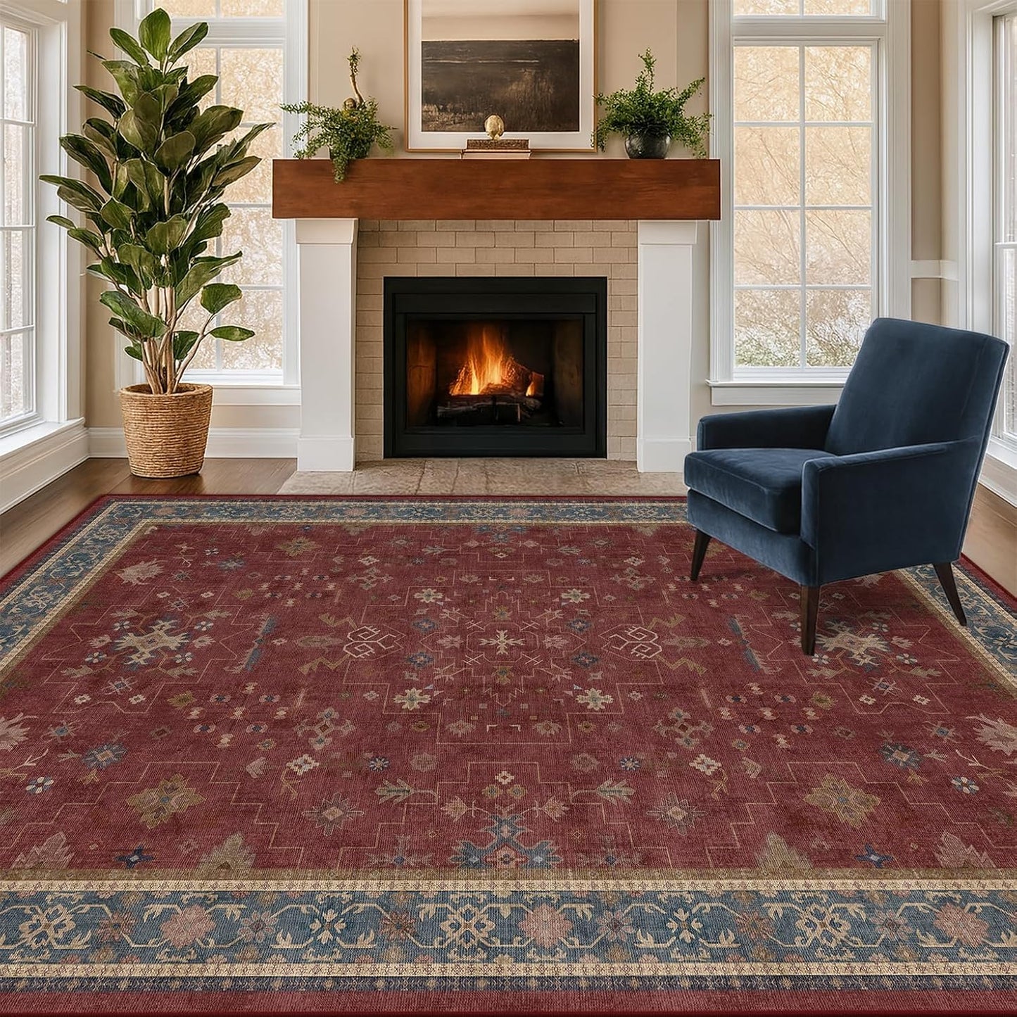 Skiennix 6x9 Dining Room Rug - Vintage Burgundy Boho Design, Lightweight & Washable Carpet