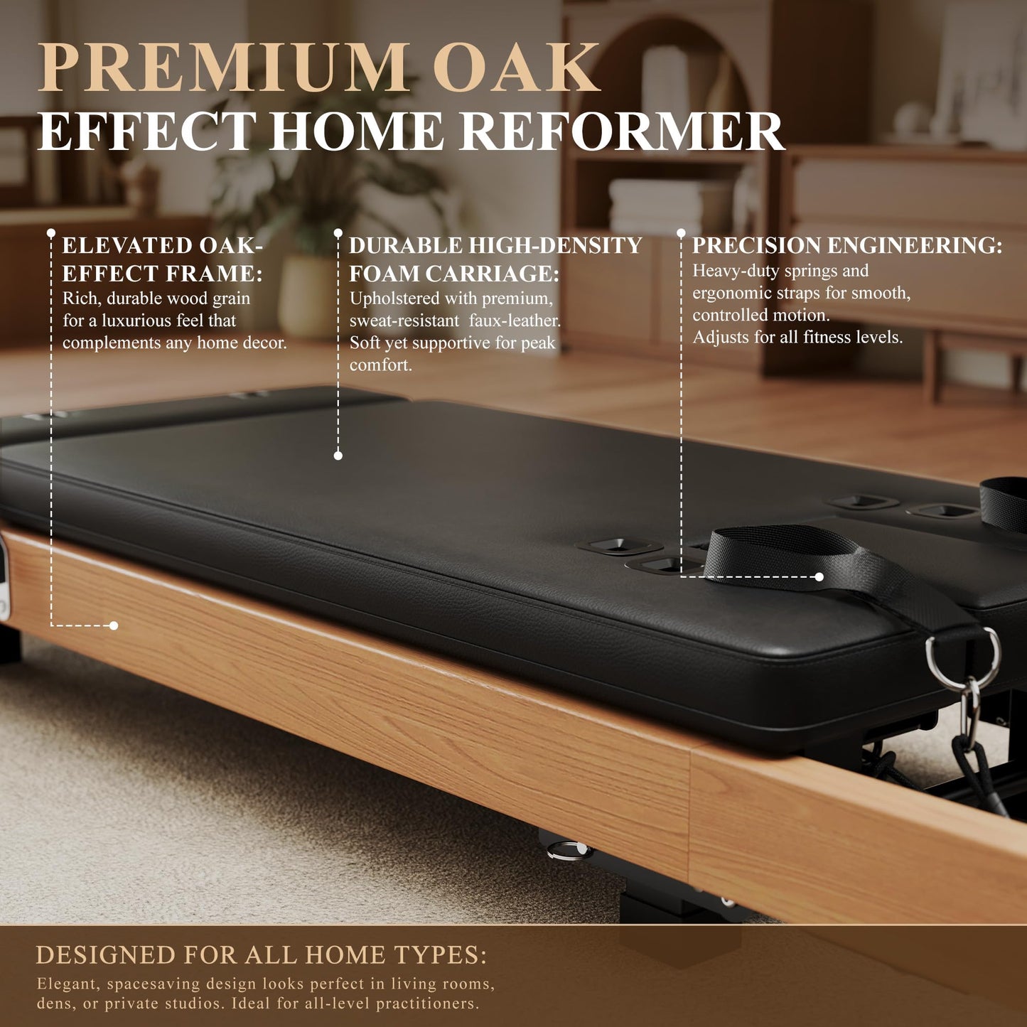 GOIMU Pilates Reformer, 91" Wooden Pilates Reformer Machine with Springs, Foldable Pilates Machine for Studio and Home, Oak Pilates Equipment with Jump Board