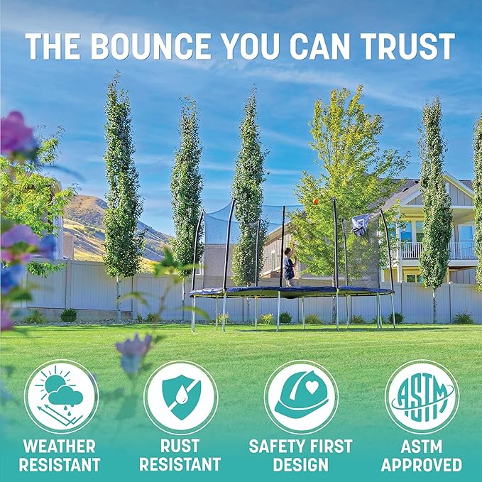 Skywalker Trampoline Outdoor 8 FT, 12 FT, 15 FT Jump N’ Dunk Round Outdoor Trampoline with Net, Trampoline Mat, and Basketball Hoop for Trampoline