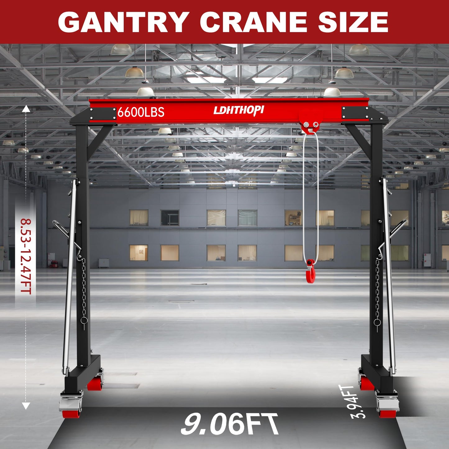 LDHTHOPI 3 Ton Gantry Crane, 6600LBS Adjustable Gantry Crane with 8.53-12.47ft Height, Shop Lift Hoist with Manual Trolley, Hook & Shackles for Warehouse, Factory,Auto Repair & Construction, Red