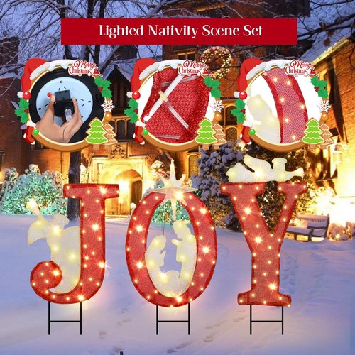 JETEHO 30.89 Inch Nativity Outdoor Christmas Decorations, 3 PCS Nativity Sets with Gold Star for Home Lawn