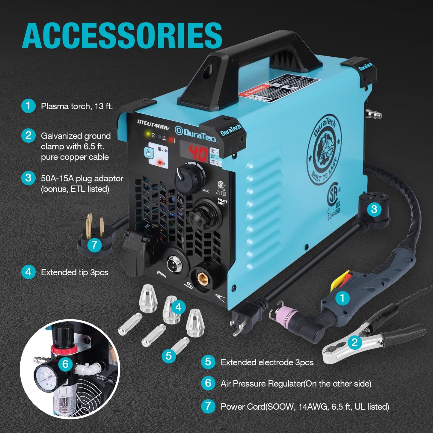 DURATECH Plasma Cutter, 40Amp Non-Touch Pilot Arc Plasma Cutting Machine with 120V/240V Dual Voltage IGBT Inverter, Digital Display and 50A to 15A Plug Adapter, Plasma Cutting Equipment 1/2" Clean Cut