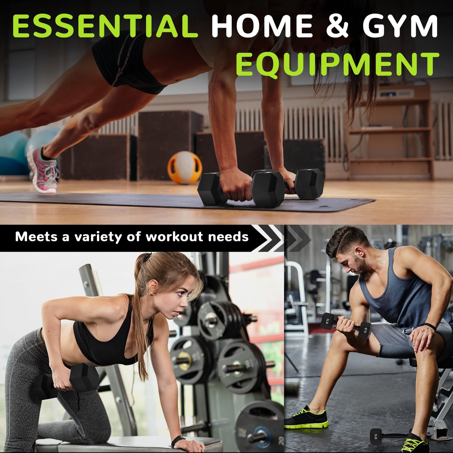 Fitvids Rubber Encased Exercise & Fitness Hex Dumbbell with Anti-Slip Metal Handle for Home Gym, 5 LB Pair