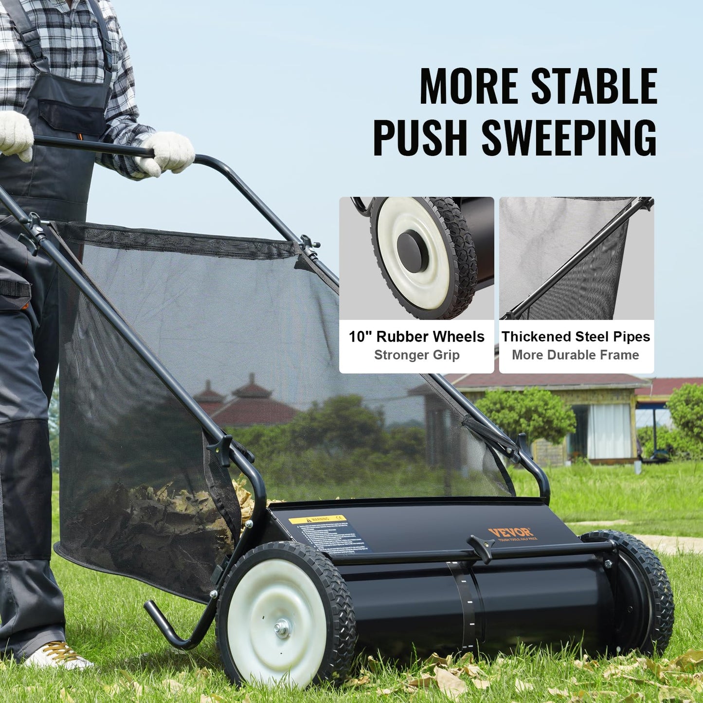 VEVOR Push Lawn Sweeper, 26 Inch Leaf & Grass Collector, Strong Rubber Wheels & Heavy Duty Thickened Steel Durable to Use with Large Capacity 7 ft³ Mesh Collection Bag, 4 Spinning Brushes