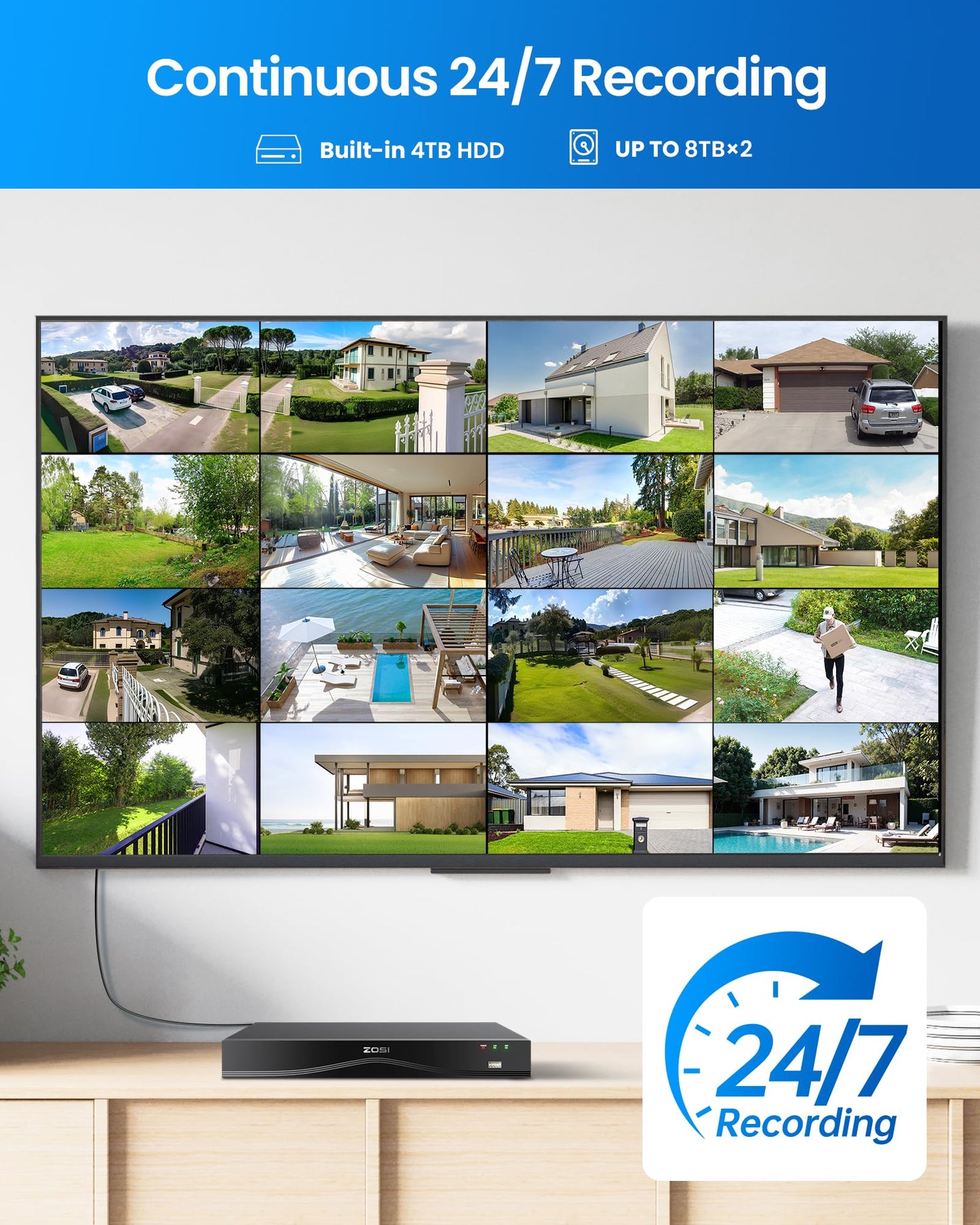 ZOSI 32CH 4K PoE Security Camera System, 12pcs 8MP Outdoor Indoor Cameras with Audio, Person/Vehicle Detection, Dual Disk Backup, H.265+ 16Port 32-Channel NVR with 4TB HDD for Business 24/7 Recording