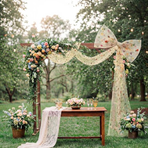 Canlierr Extra Large Floral Tulle Bow Decorations - 39 x 59 Inch Champagne Organza Bow with Long Ribbon Tails for Spring Wedding Backdrop & Room Decor