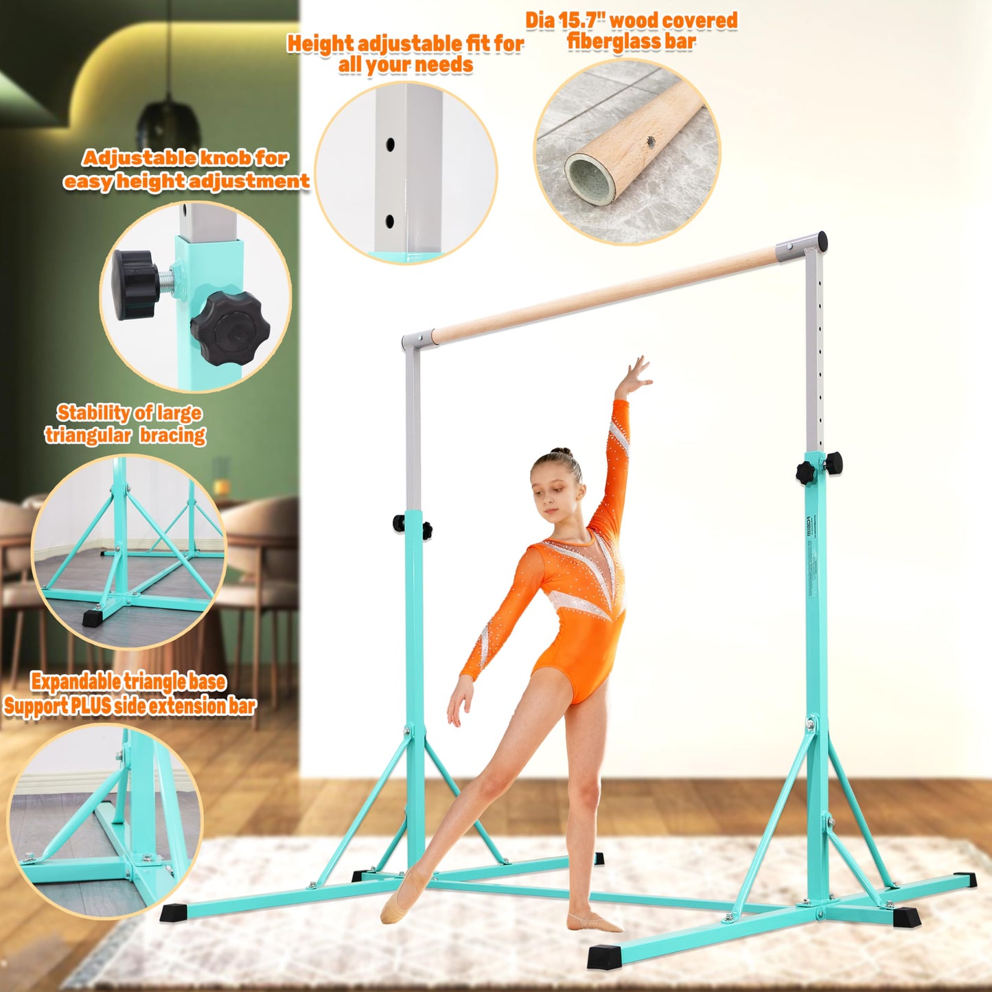 FC FUNCHEER Gymnastics bar,5FT/6FT Horizontal Bars, Adjutable Gymnastic Bar for Kids Ages 5-20, 35.4" to 59"/45" to 71", Weight Limit 500 LBS,Home Gym Equipment