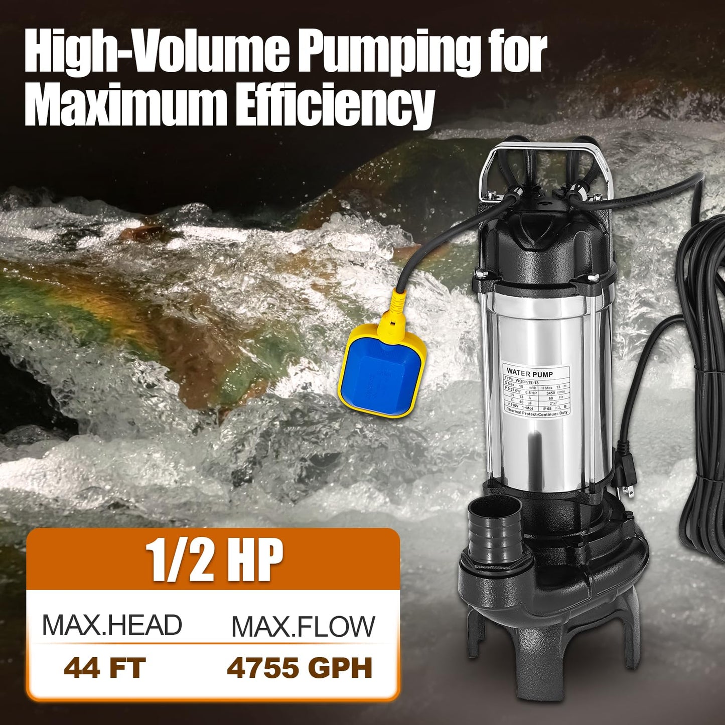 4PN 4755 GPH Submersible Water Pump With Float Switch Replacement for 4-PN 50PN2.4S Sump Pump, Cast Iron and Stainless Steel, 2" Discharge, H Max 44ft, 115V, 1/2 HP