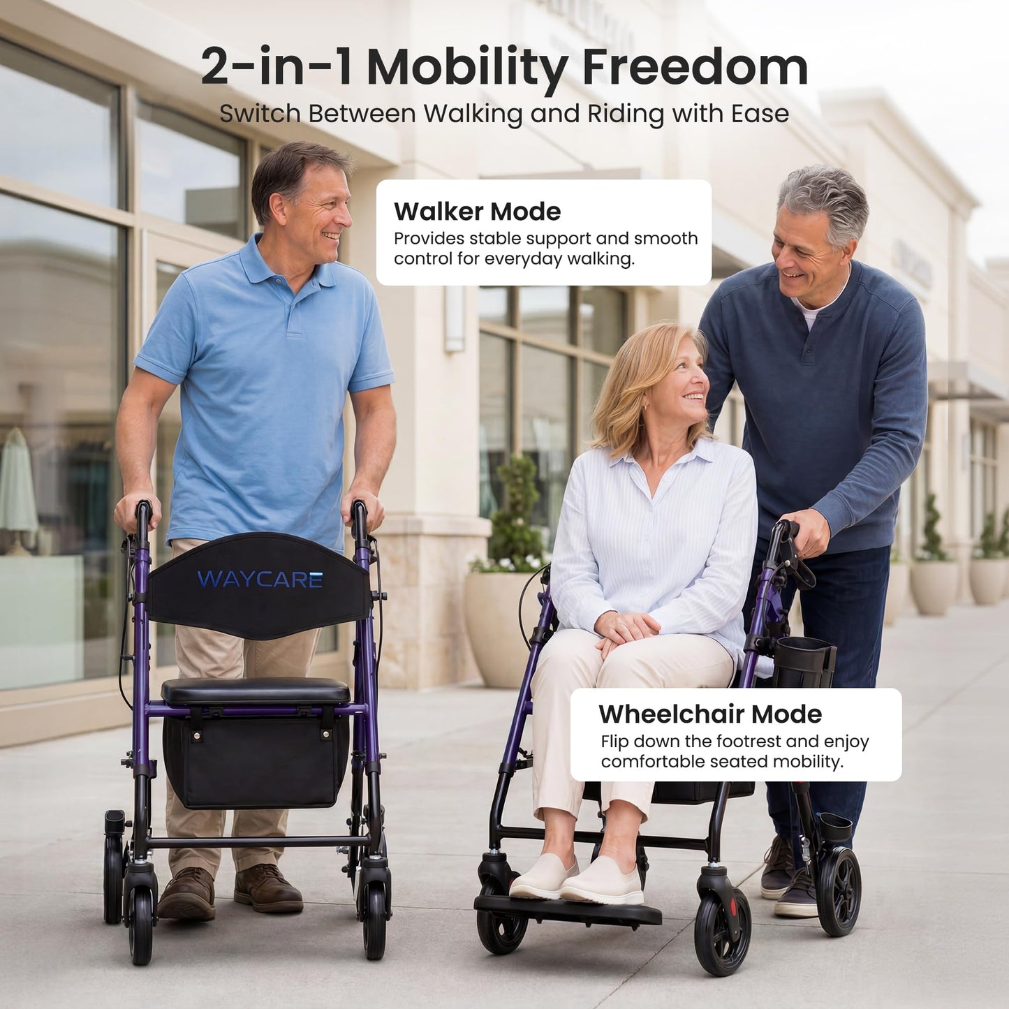 Metro Mobility 2 in 1 Rollator Walker & Transport Wheelchair, Foldable Lightweight Rollator Walker with Seat for Seniors, 8" Big Wheels for All Terrain, 300 lb. Weight Capacity, Purple