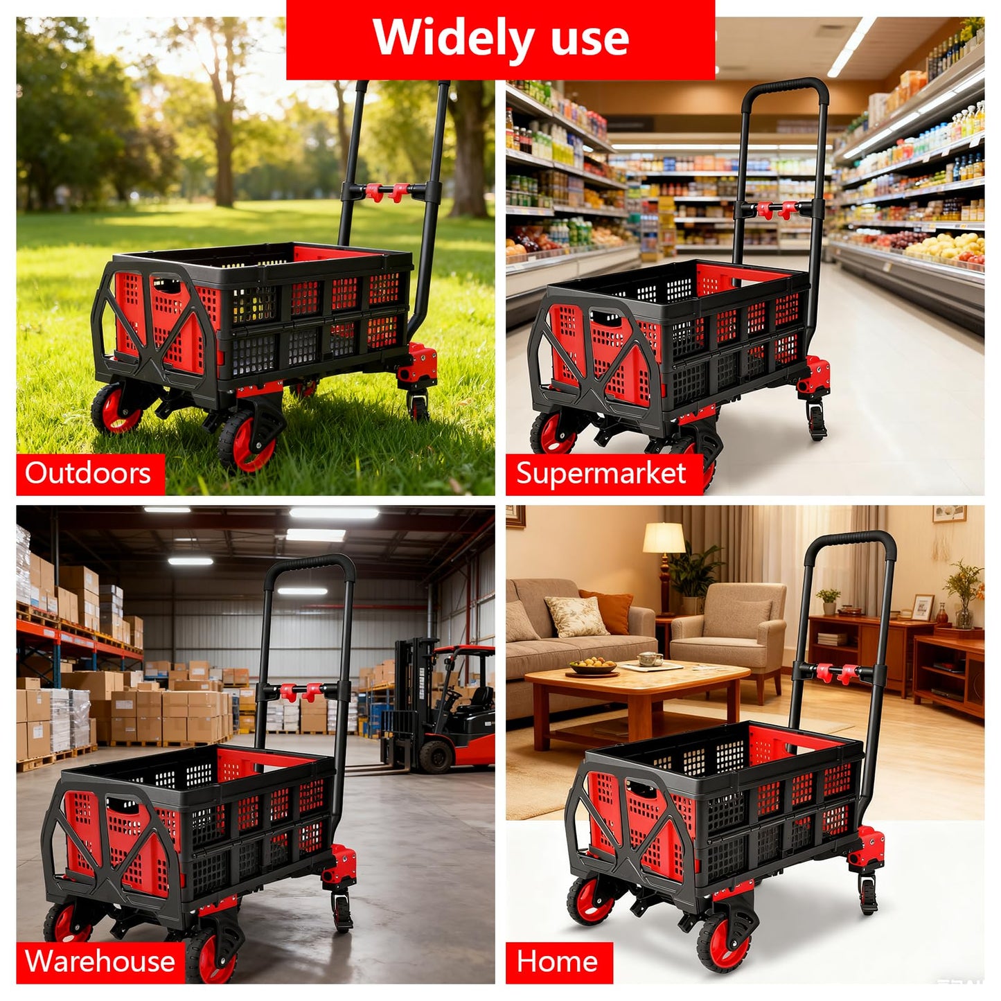 2-in-1 Hand Truck Dolly with Folding Basket, 330LB Heavy Duty Carrying Portable Handtruck, Foldable Hand Dolly with 360° Swivel Wheels&Retractable Handle for Moving, Luggage, Shopping, Office